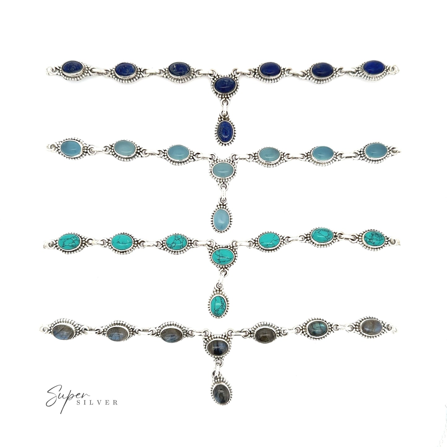 
                  
                    A set of Gemstone Y-Necklaces with Beaded Border, featuring blue and turquoise stones, and a delicate chain. Each necklace has a single gemstone drop pendant in various options.
                  
                