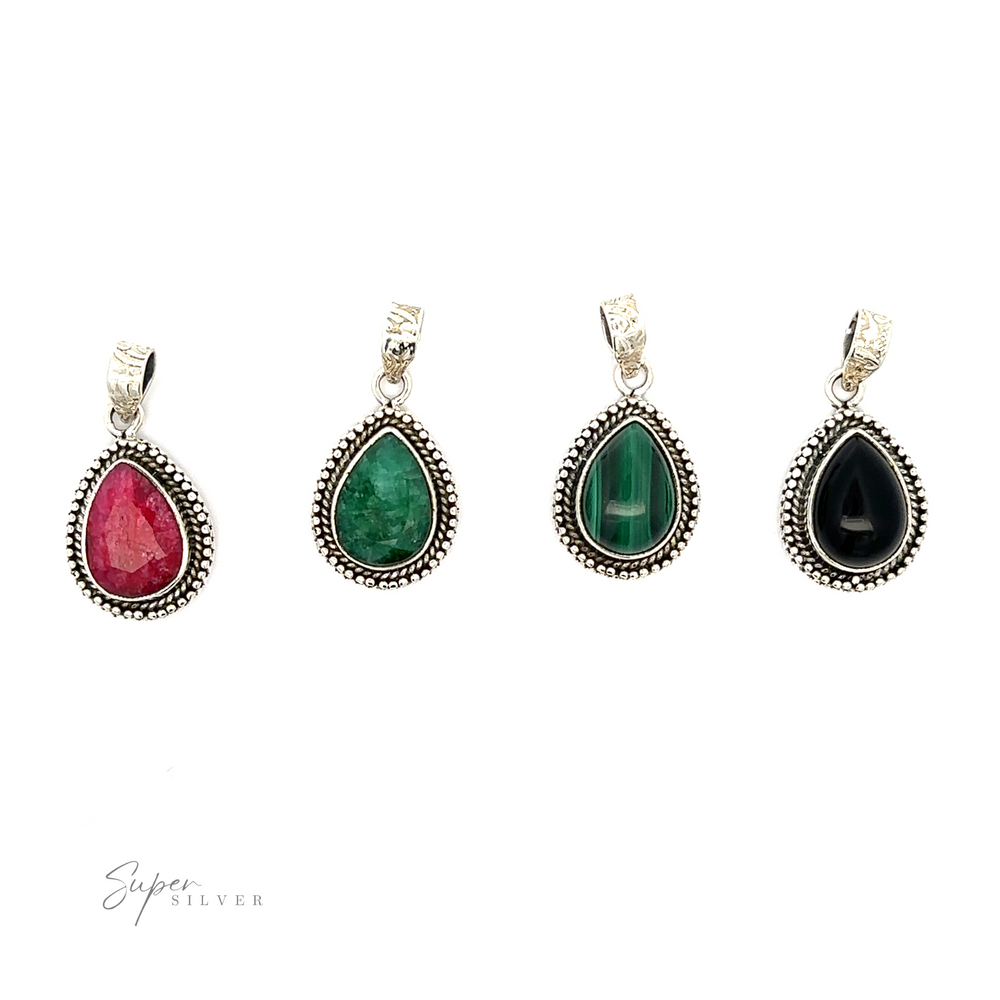 Four Teardrop Stone Pendants With Bead Design on a white background.