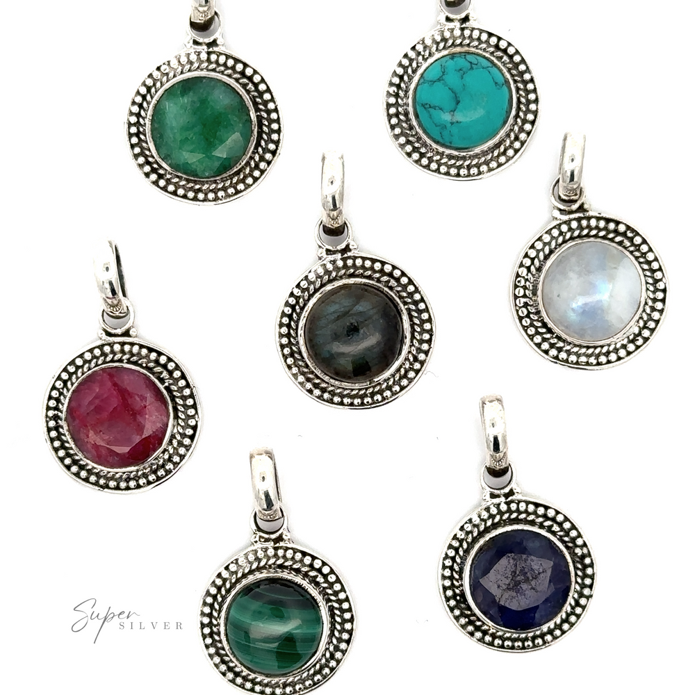 A set of Round Stone Pendants With Bead Design in a variety of different colored stones.