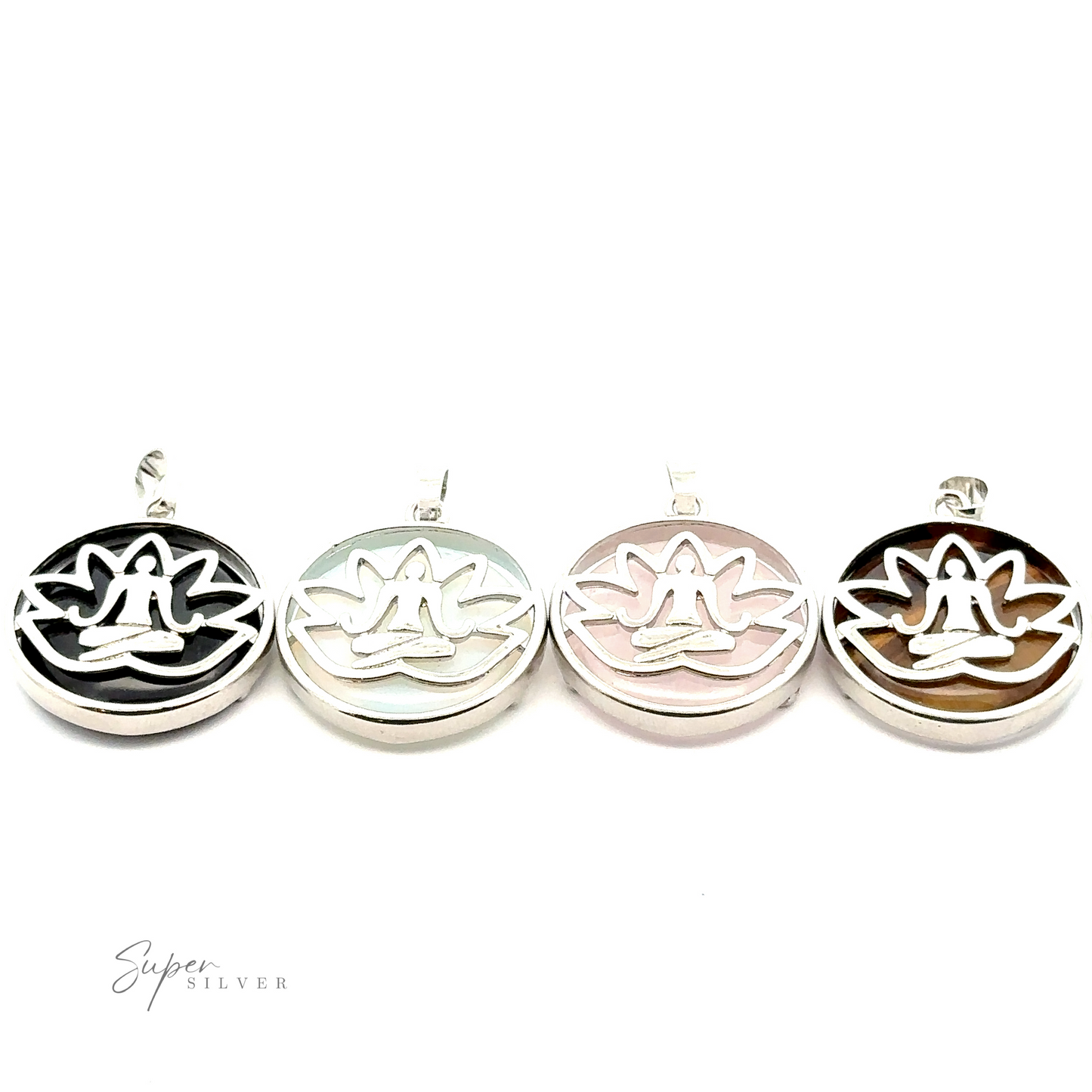 Four round pendants with intricate lotus designs, silver-plated and showcased in black, white, pink, and brown colors. The "Silver Plated Lotus Meditation Pendant with Gemstone" text is visible in the bottom left corner.