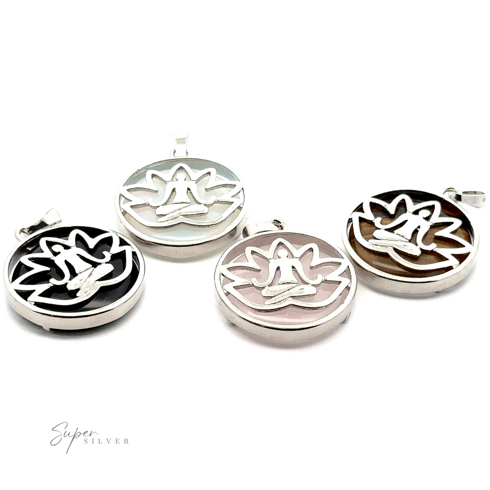
                  
                    Four Silver Plated Lotus Meditation Pendants with Gemstones on various colored backgrounds (black, white, pink, and brown) are displayed against a white background.
                  
                