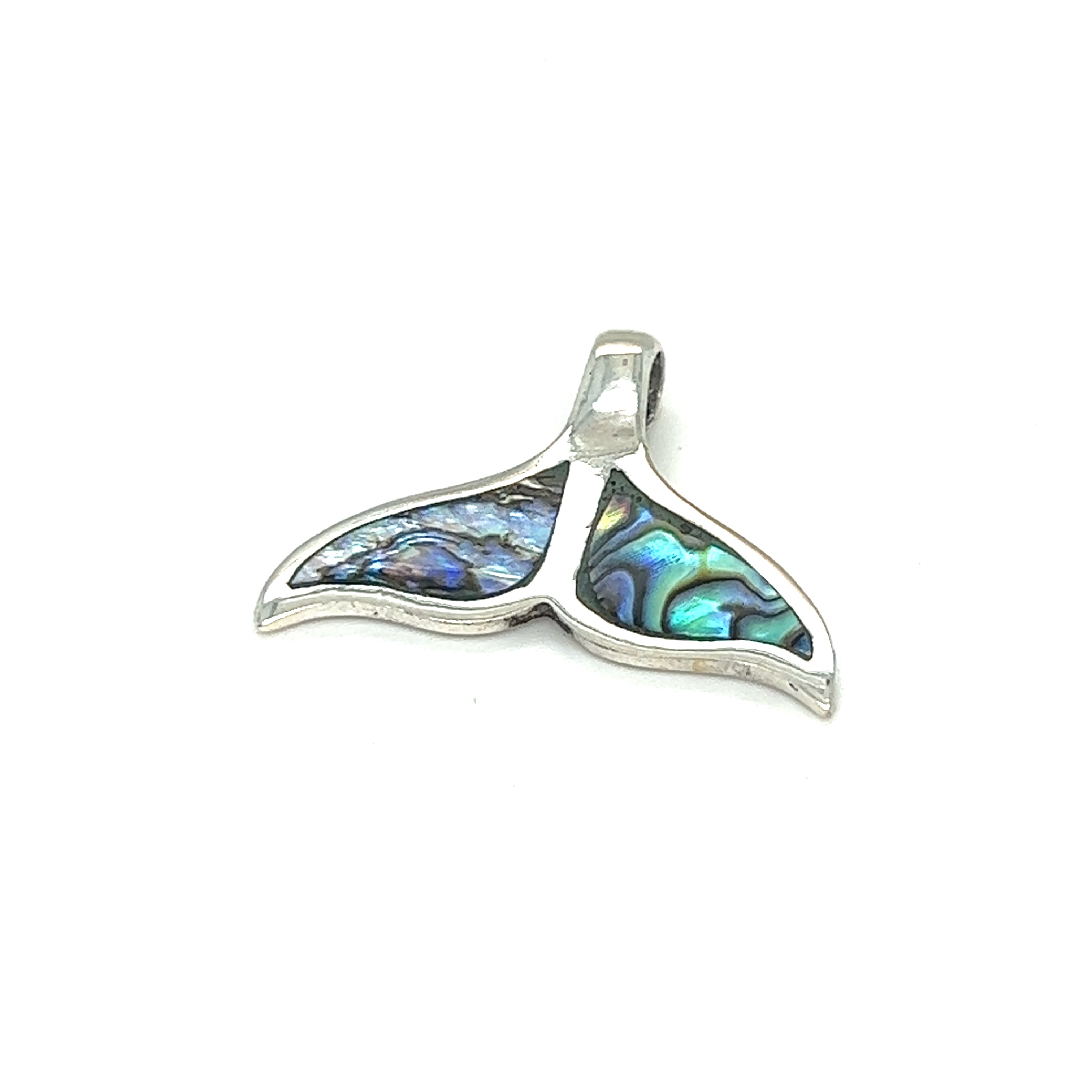 A Super Silver Inlay Whale Tail Pendant, adorned with a delicate tail, symbolizing conservation, elegantly displayed against a pristine white background.