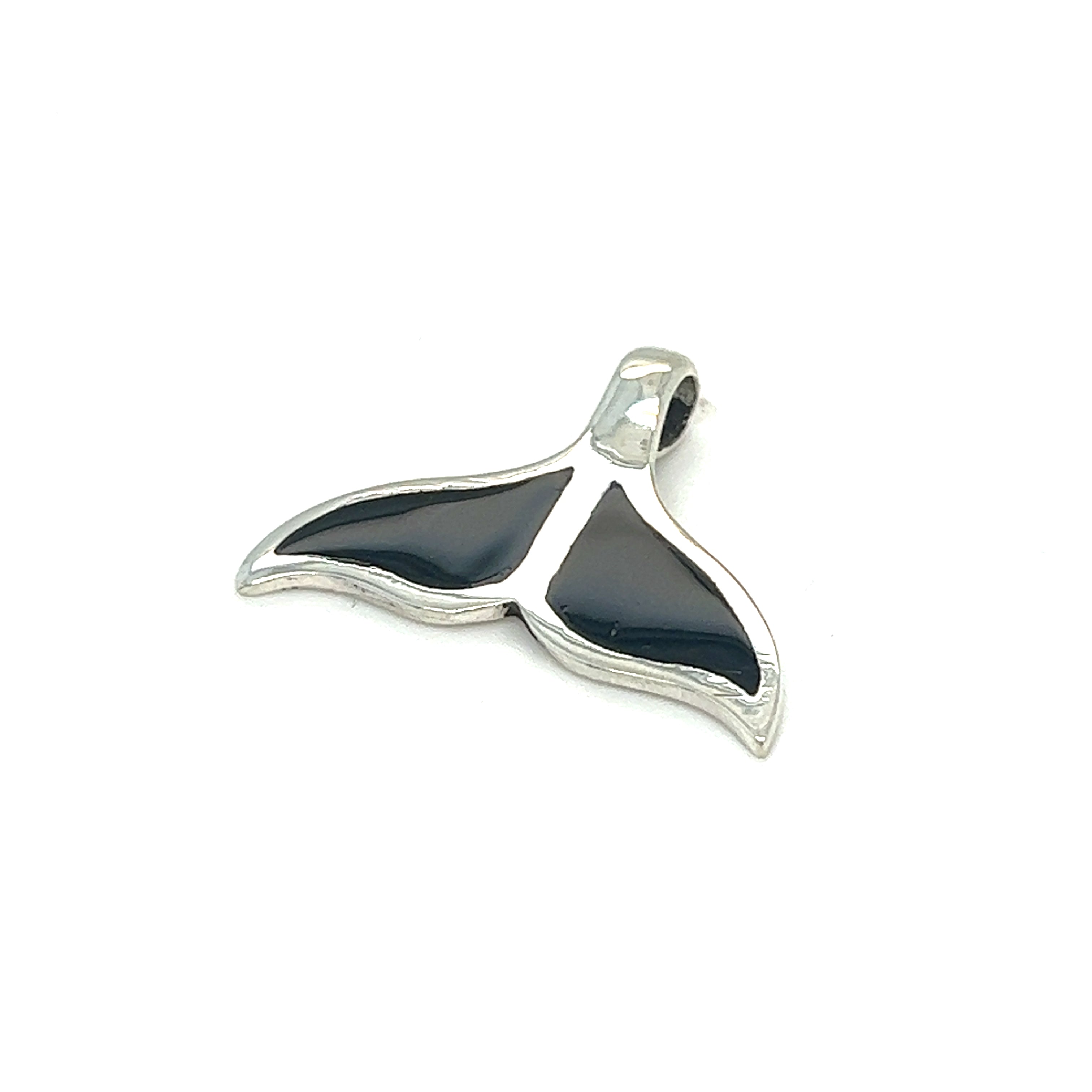 A Super Silver inlay whale tail pendant on a white background.