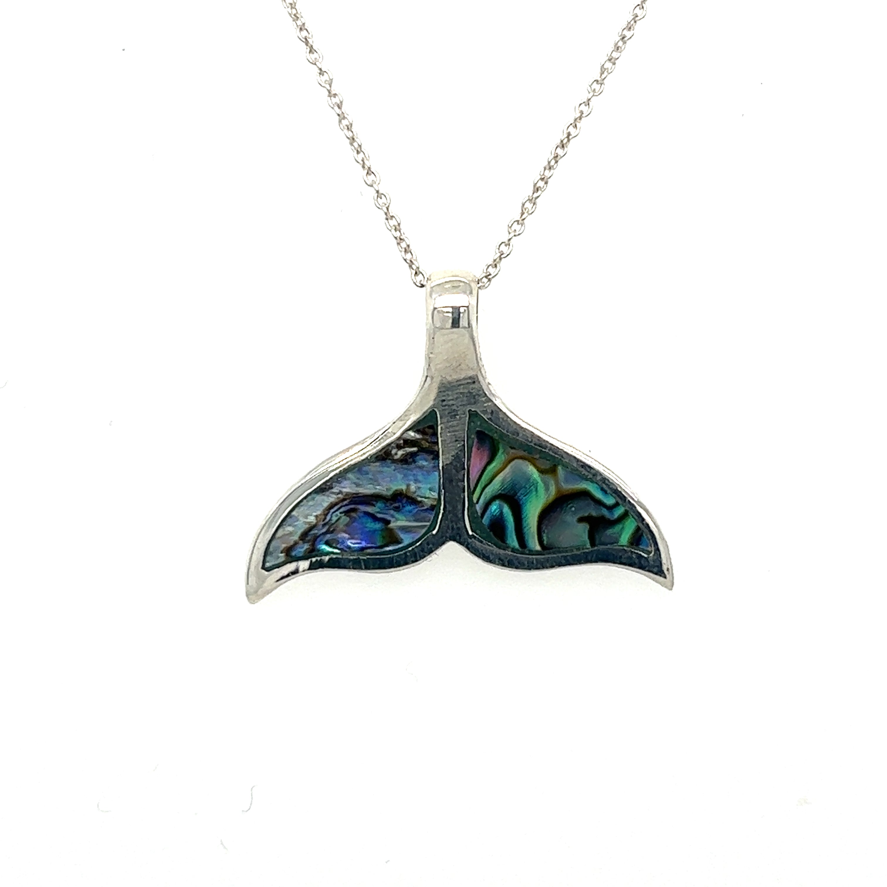 A Super Silver Inlay Whale Tail Pendant on a sterling silver chain, inspired by the beauty and elegance of the ocean.