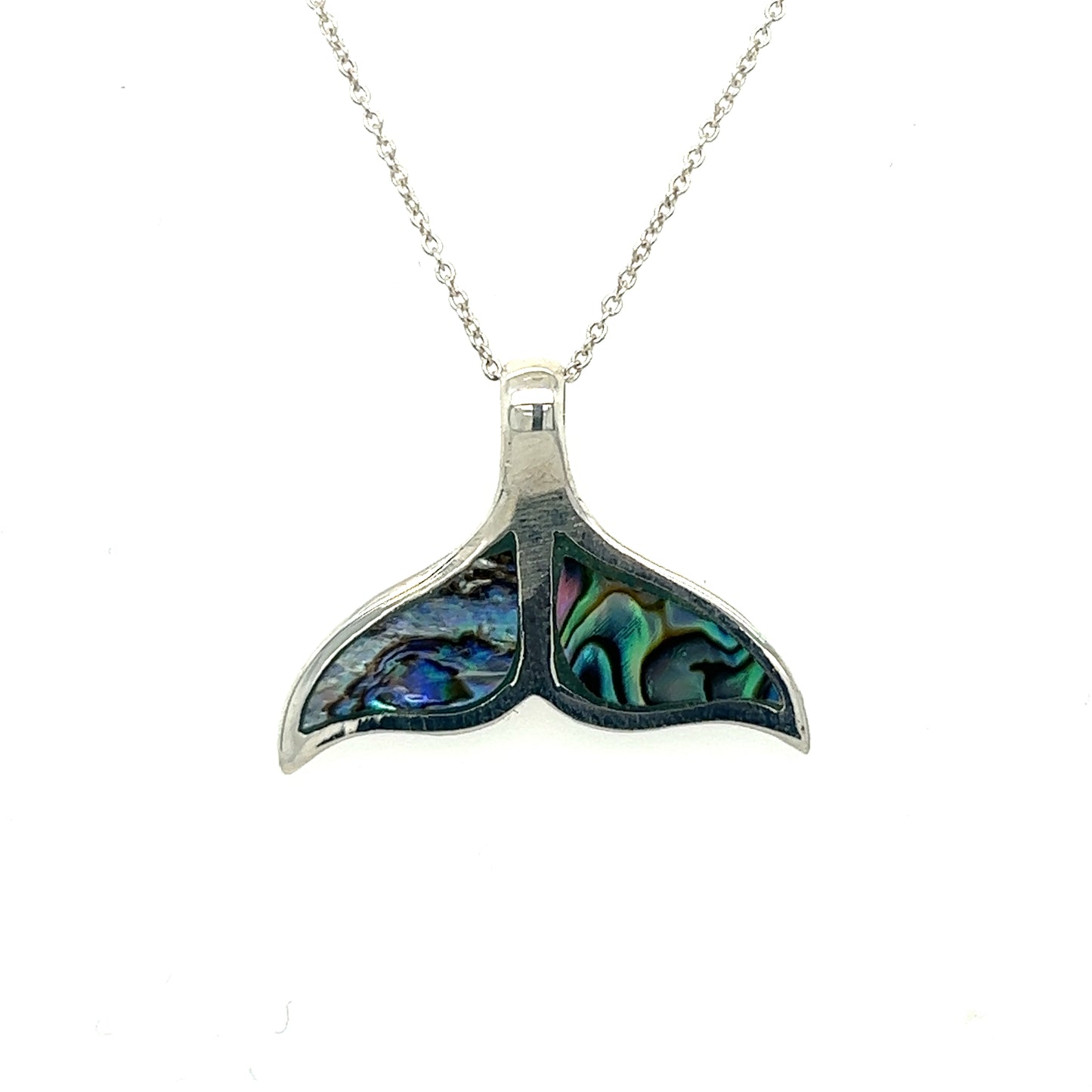 
                  
                    An Inlay whale tail pendant on a sterling silver chain, inspired by the ocean beauty of Santa Cruz. Brand: Super Silver.
                  
                