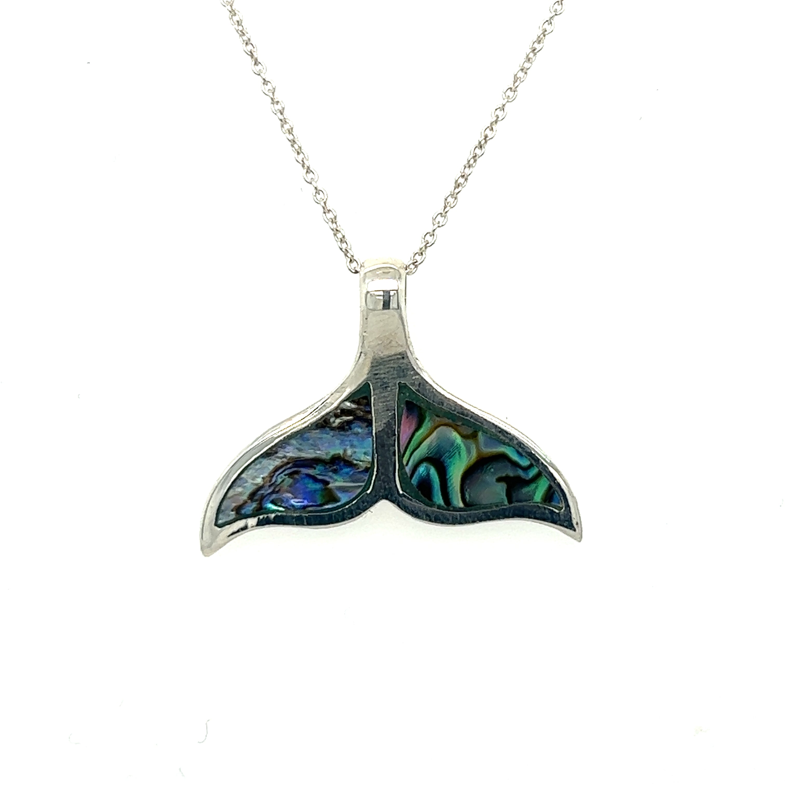 An Inlay whale tail pendant on a sterling silver chain, inspired by the ocean beauty of Santa Cruz. Brand: Super Silver.
