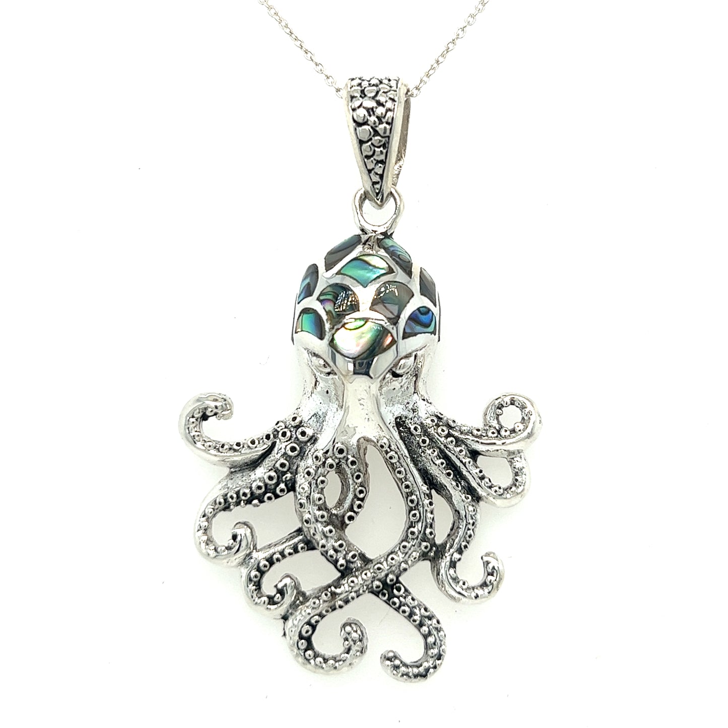 
                  
                    A Super Silver Statement Octopus Pendant with Inlay Stones on a silver chain.
                  
                