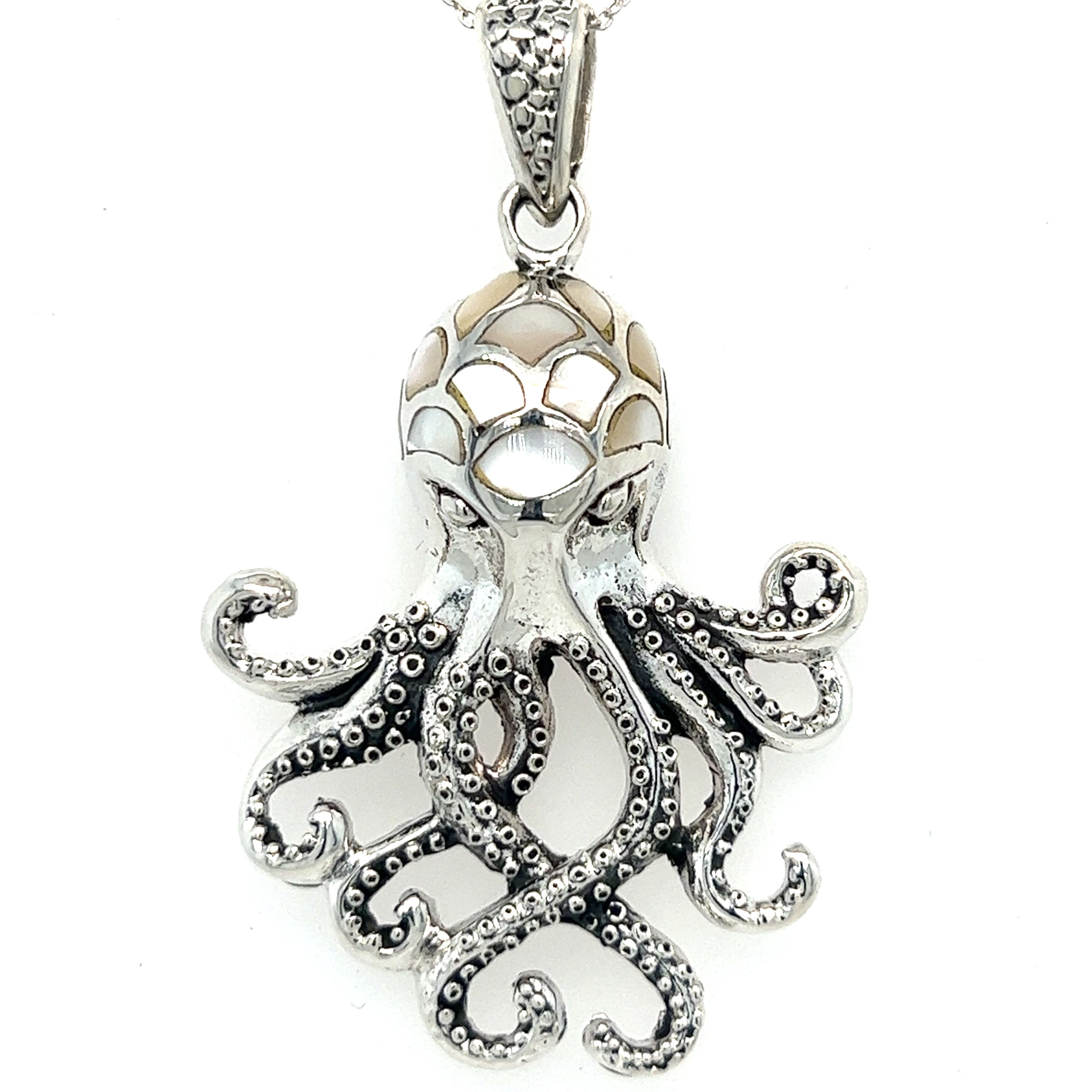 This exquisite Super Silver chain necklace features a captivating Statement Octopus Pendant with Inlay Stones. The unique design of the pendant adds depth and symbolism to this beautiful piece of jewelry.