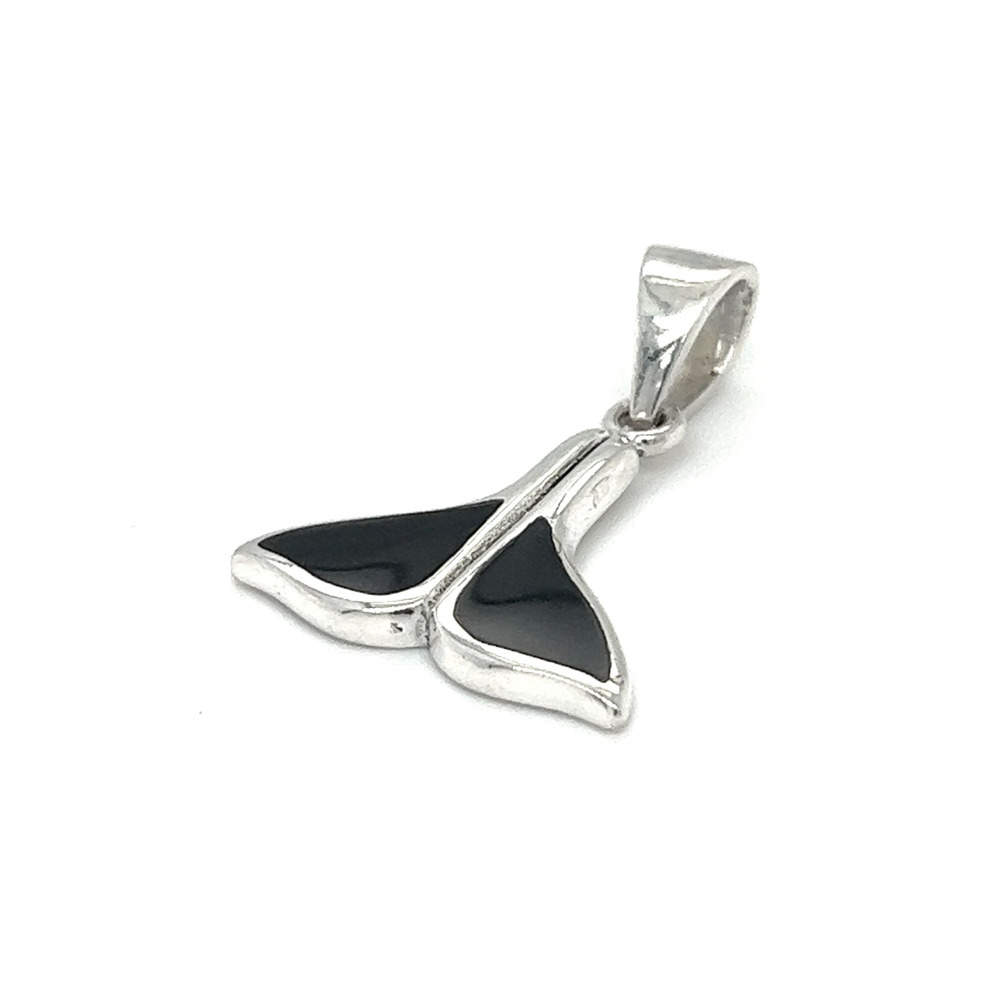 
                  
                    A Super Silver Simple Whale Tail Pendant with Inlay Stones, adorned with a black and white whale tail, perfect for ocean conservation enthusiasts.
                  
                