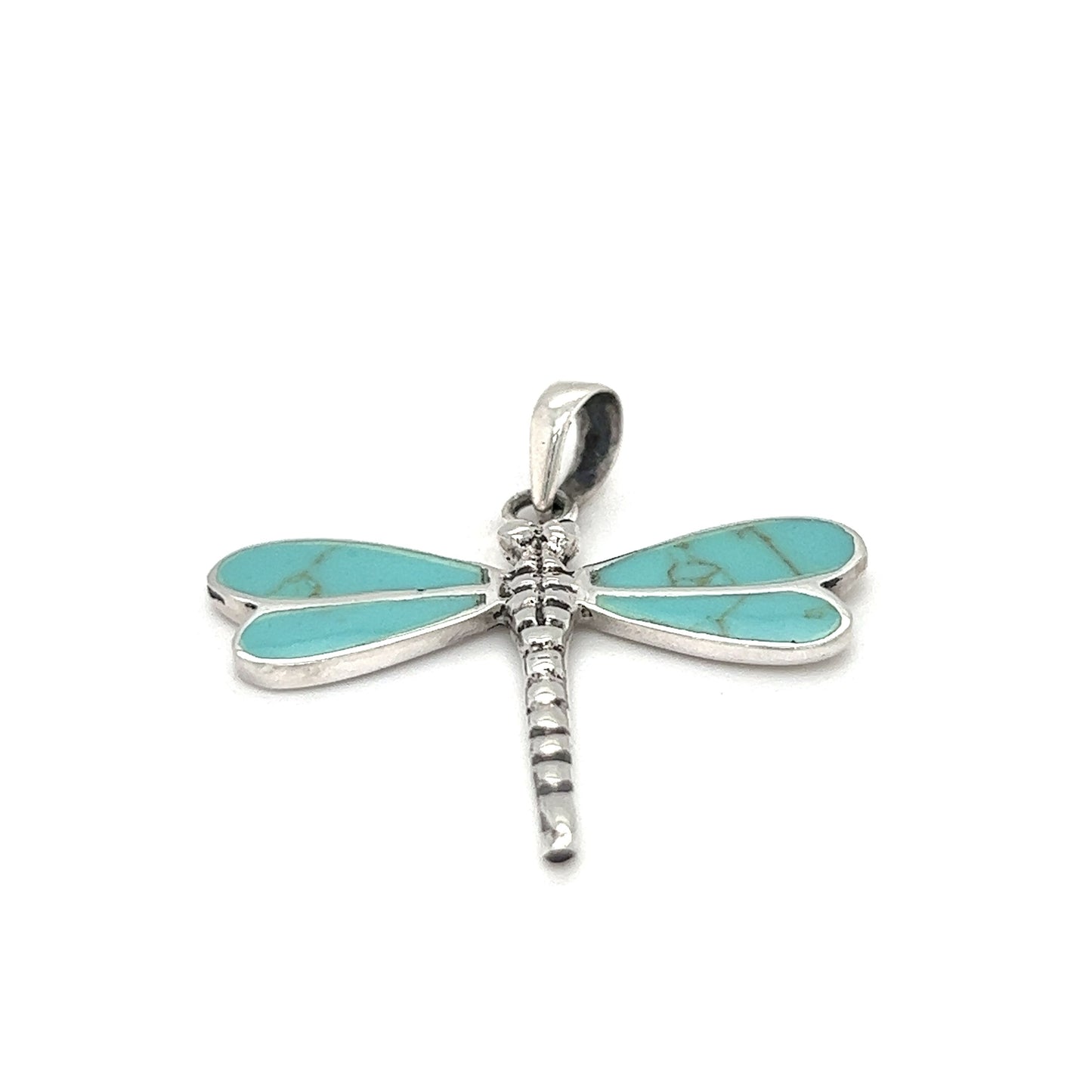 
                  
                    A Super Silver Dragonfly Inlay Stone Pendant with turquoise stone, featuring abalone accents.
                  
                