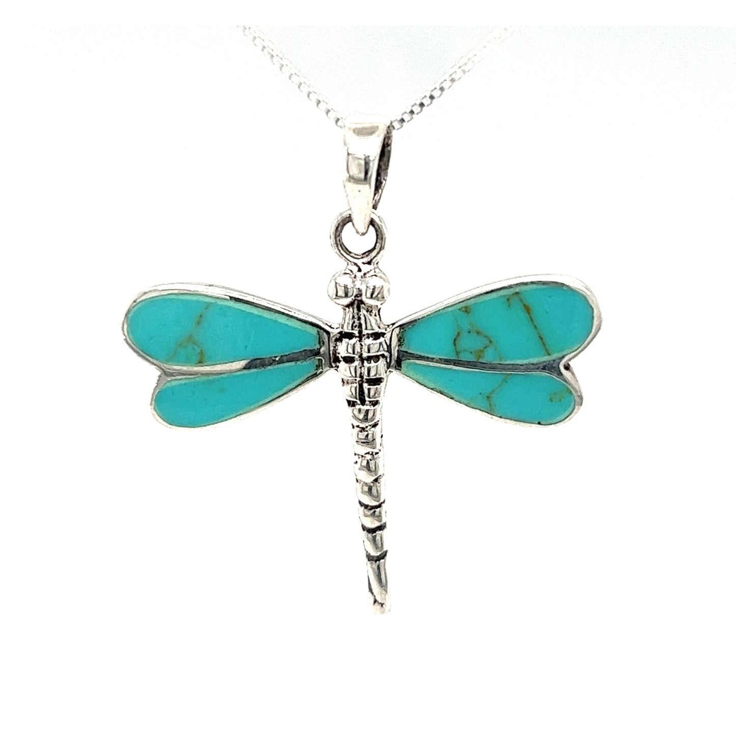 
                  
                    A Dragonfly Inlay Stone Pendant with a turquoise stone on a Super Silver chain.
                  
                