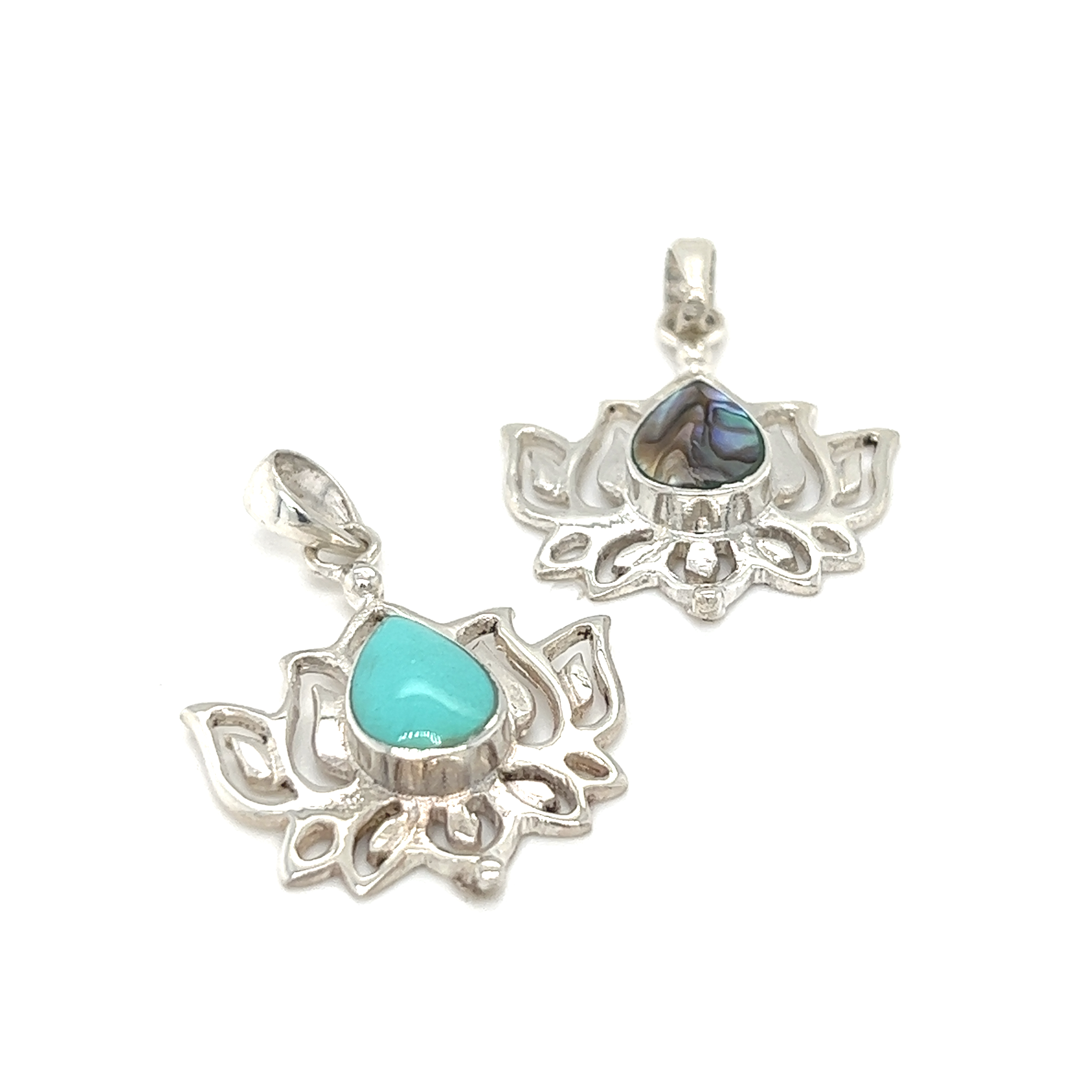 Two silver Lotus Outline Pendants with turquoise stones.
Product Name: Two silver Lotus Outline Pendants with Lotus Outline with Teardrop Stones.