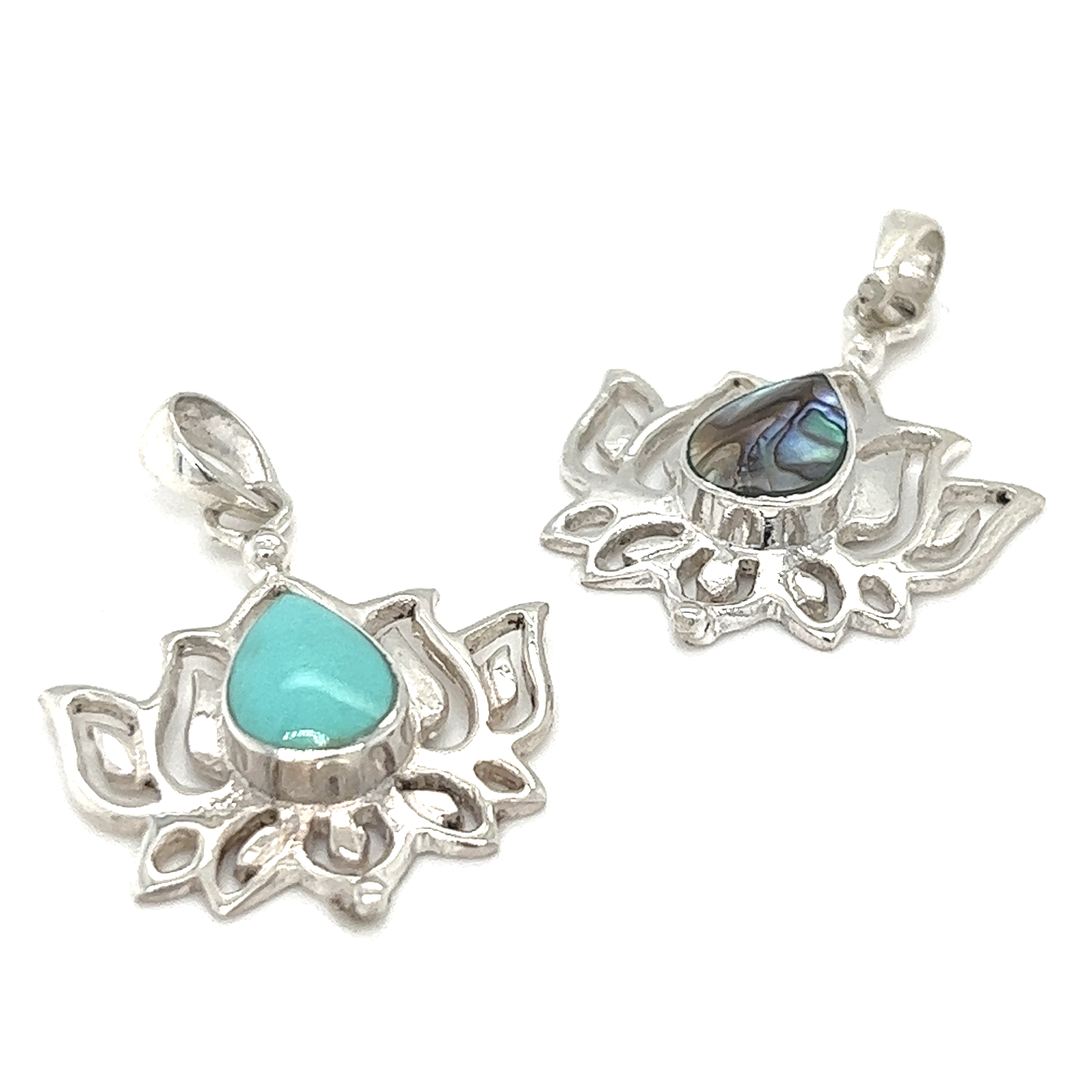 Two silver Lotus Outline with Teardrop Stone pendants.