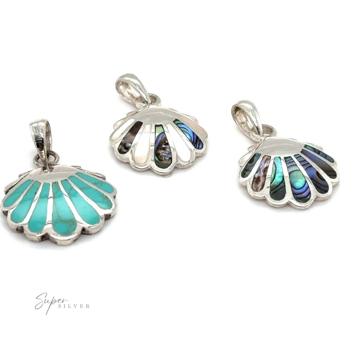 Three Clam Shell Pendants adorned with turquoise and abalone shells, showcasing oceanic beauty.