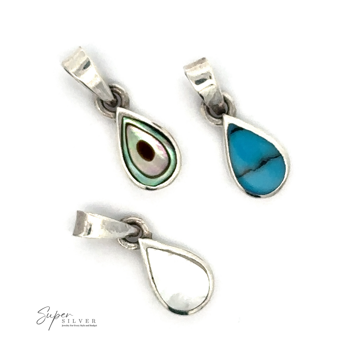 Three Tiny Inlay Teardrop Pendants; one with abalone shell, one with turquoise stone, and one with a white pearl-like inlay. "Super Silver" logo in the bottom left corner. Perfect pieces of minimal jewelry to elevate any outfit.
