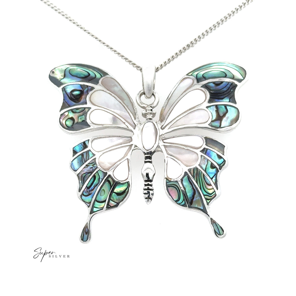 
                  
                    The Stunning Inlay Butterfly Pendant features intricate sterling silver outlines and vibrant abalone inlays, complete with a fine chain necklace.
                  
                