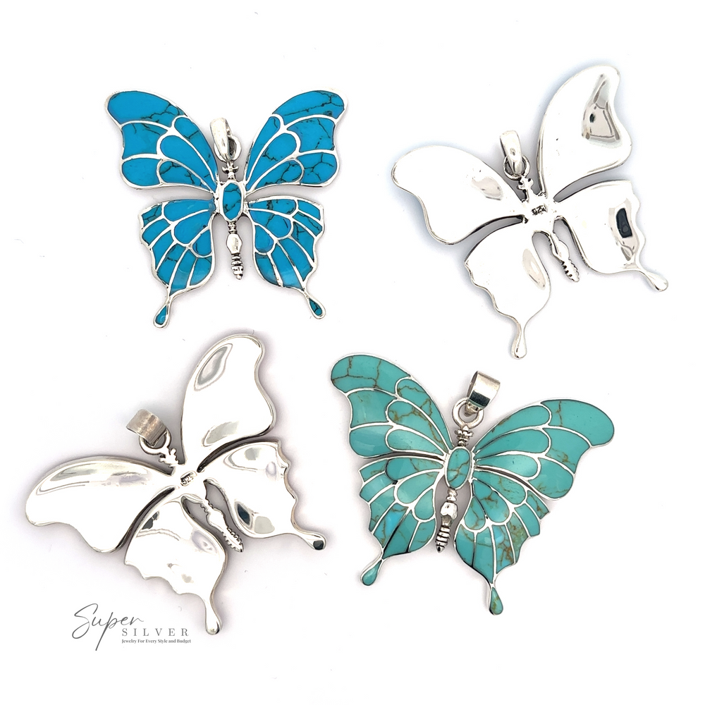 
                  
                    Image shows four Stunning Inlay Butterfly Pendants. Two are silver, and the other two are adorned with blue and teal enamel, resembling a fashionable blend of turquoise jewelry. The sterling silver necklaces beautifully complement the vibrant colors, all laid out on a pristine white background.

                  
                