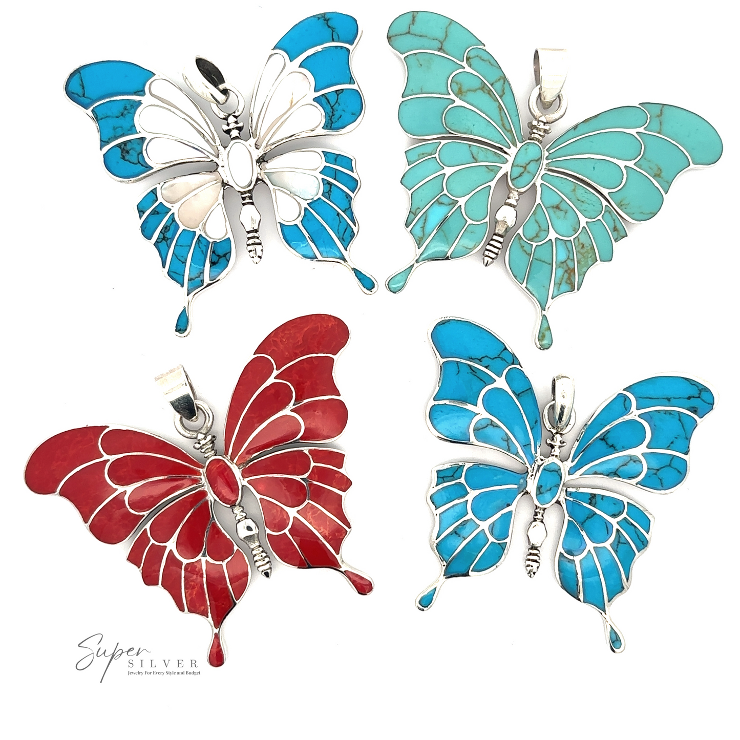 Four Stunning Inlay Butterfly Pendants in different colors (blue, turquoise, red, and white) with sterling silver outlines arranged in a 2x2 grid on a white background.