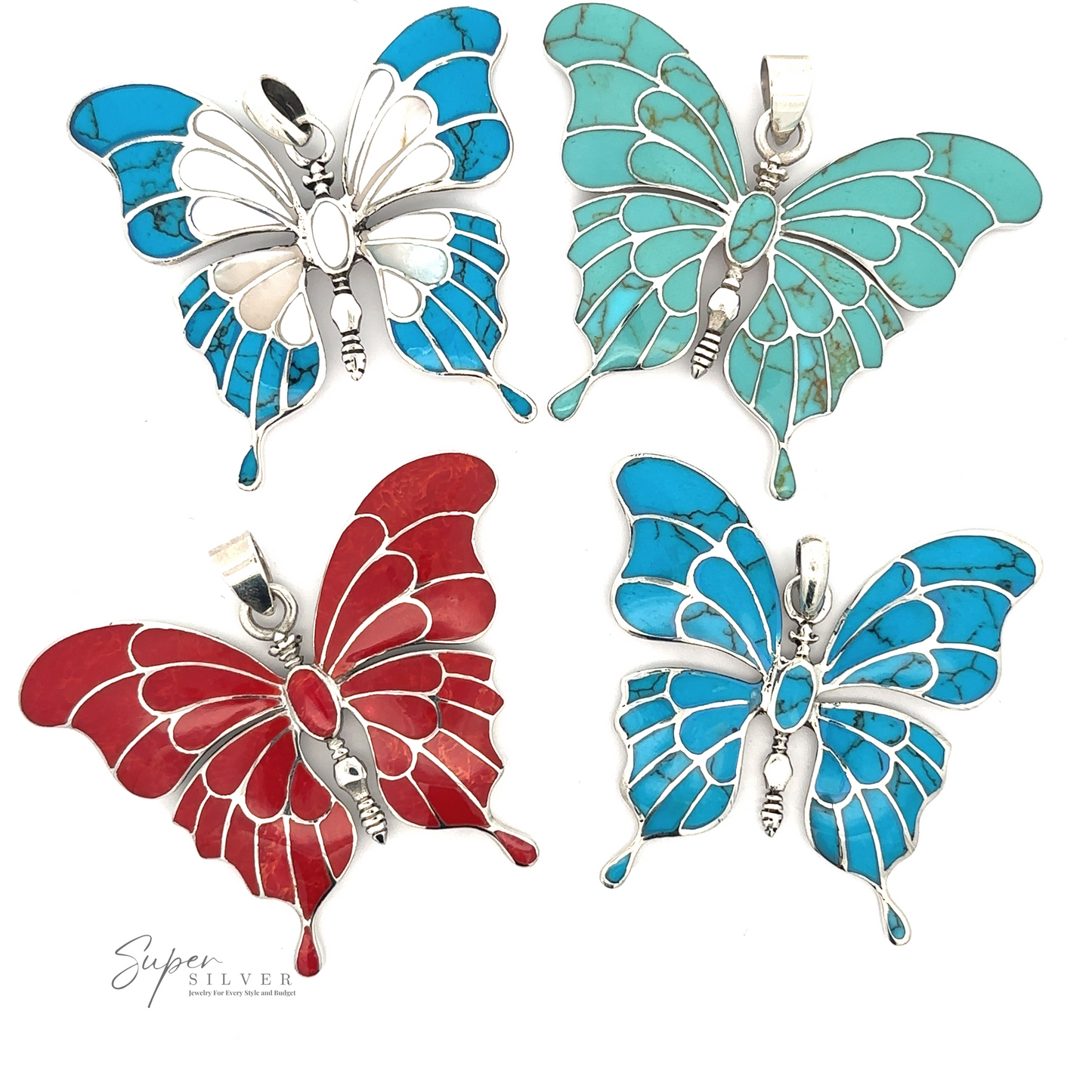 
                  
                    Four Stunning Inlay Butterfly Pendants in red, blue, and turquoise colors are arranged on a white surface. Each sterling silver butterfly pendant features intricate detailing and is designed to be worn as exquisite jewelry.
                  
                