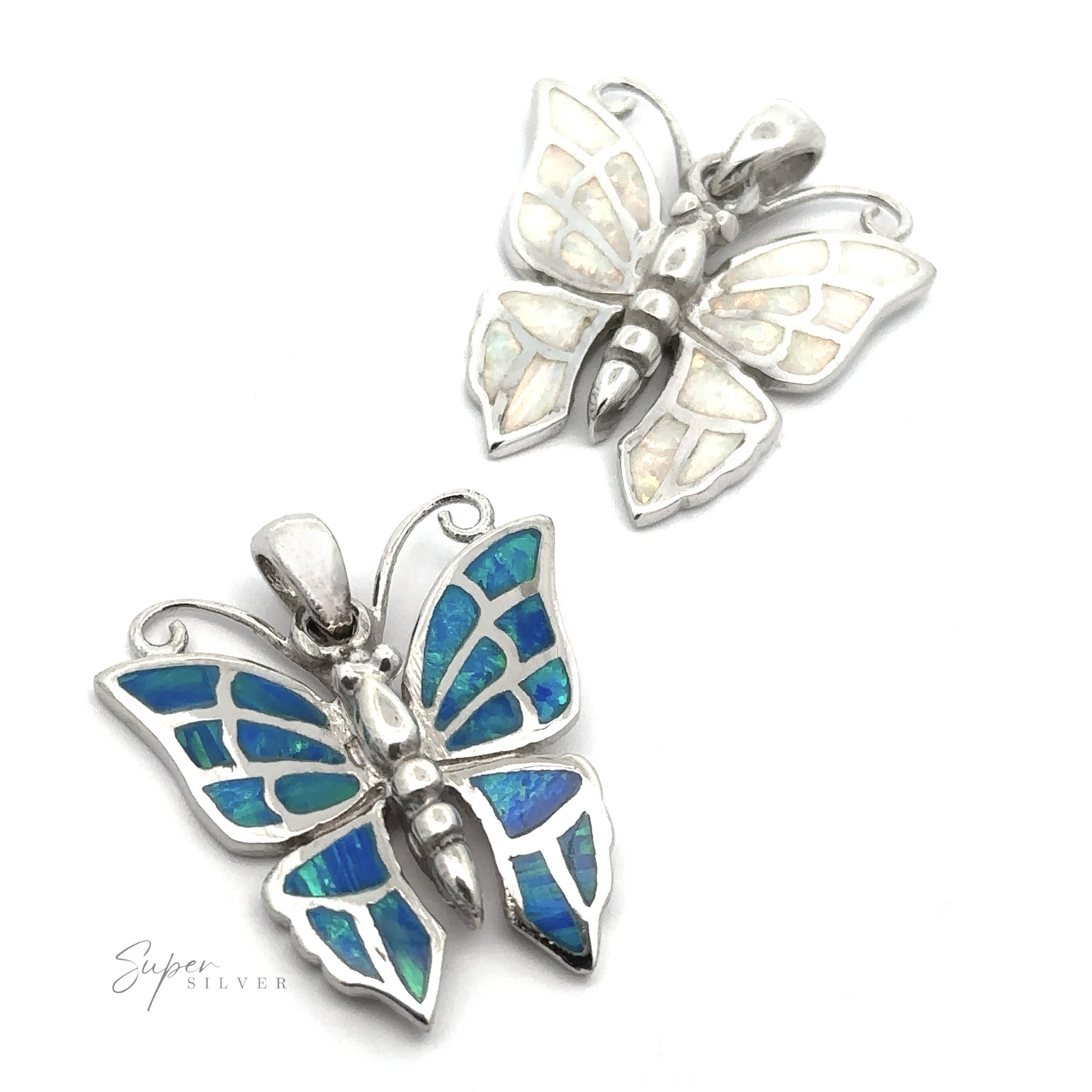 
                  
                    Two butterfly-shaped pendants, one featuring blue and green lab-created opal inlays and the other with white lab-created opal inlays, against a plain background. A "Super Silver" watermark is located in the lower left corner of these stunning Lab-Created Opal Butterfly Pendants crafted from sterling silver.
                  
                