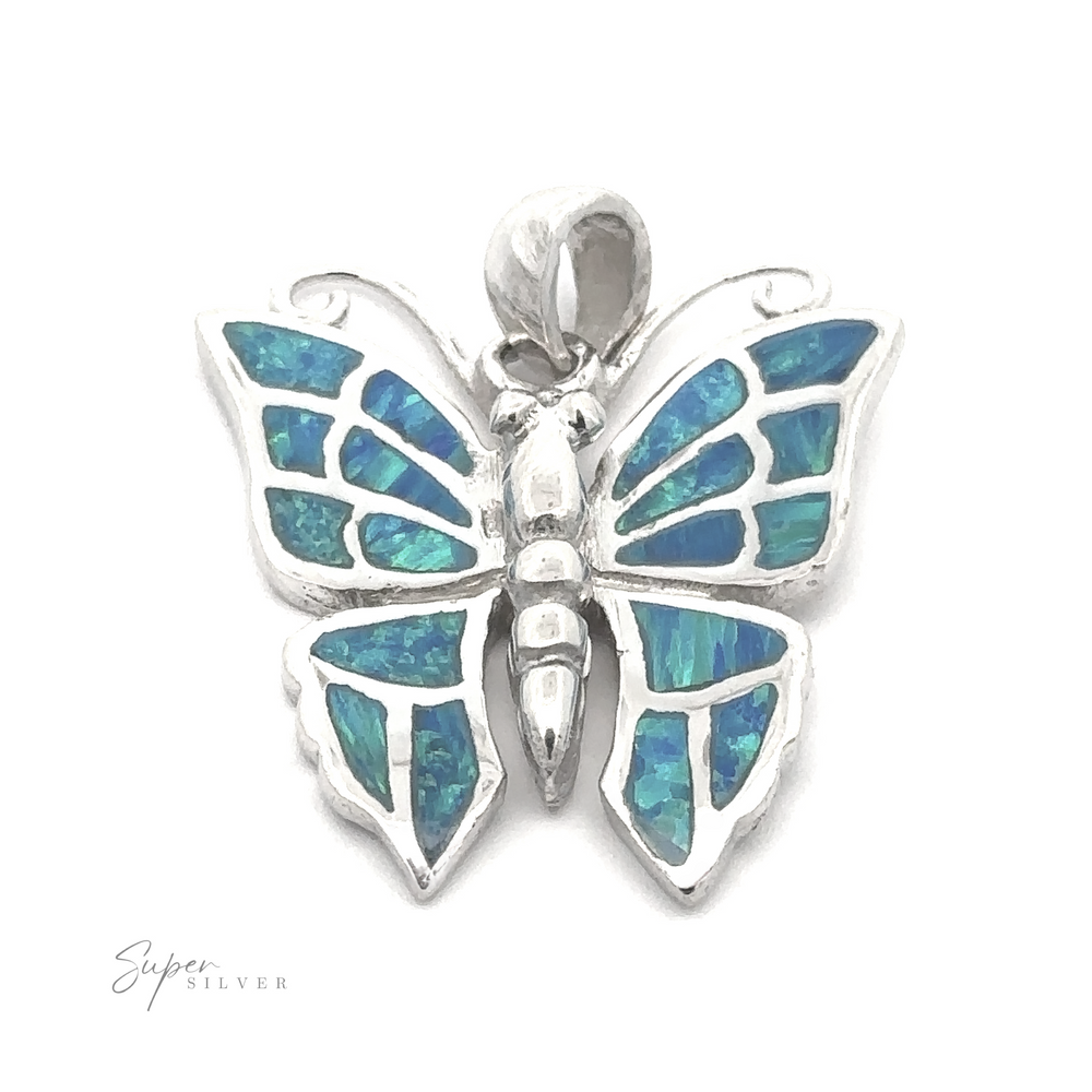 
                  
                    A stunning Lab-Created Opal Butterfly Pendant crafted from sterling silver, featuring intricate blue-green inlays that mimic the look of stained glass. The word "Super Silver" is subtly positioned in the bottom left corner, making this exquisite pendant a standout piece of opal jewelry.
                  
                