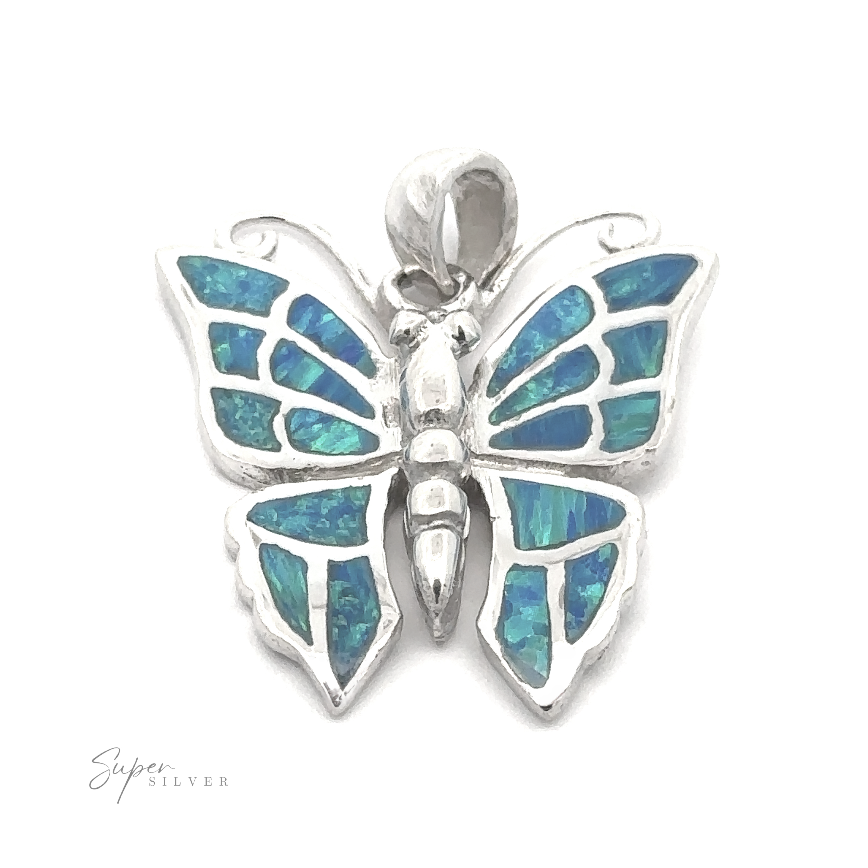 A stunning Lab-Created Opal Butterfly Pendant crafted from sterling silver, featuring intricate blue-green inlays that mimic the look of stained glass. The word "Super Silver" is subtly positioned in the bottom left corner, making this exquisite pendant a standout piece of opal jewelry.