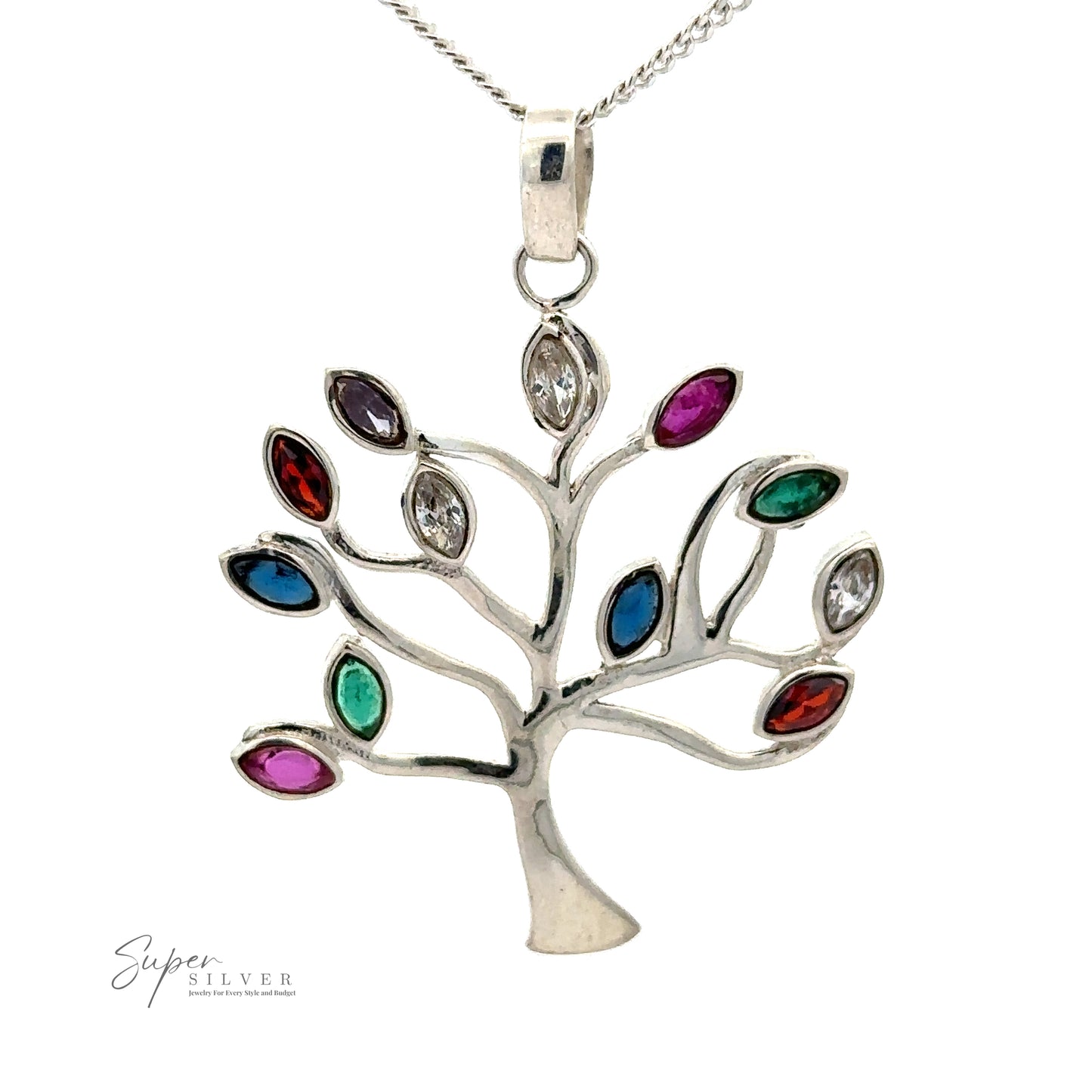 A Tree of Life Pendant with Stone Leaves necklace with ten faceted stone leaves in vibrant red, green, blue, purple, and clear hues. The chain is also sterling silver. The logo reads "Super Silver.