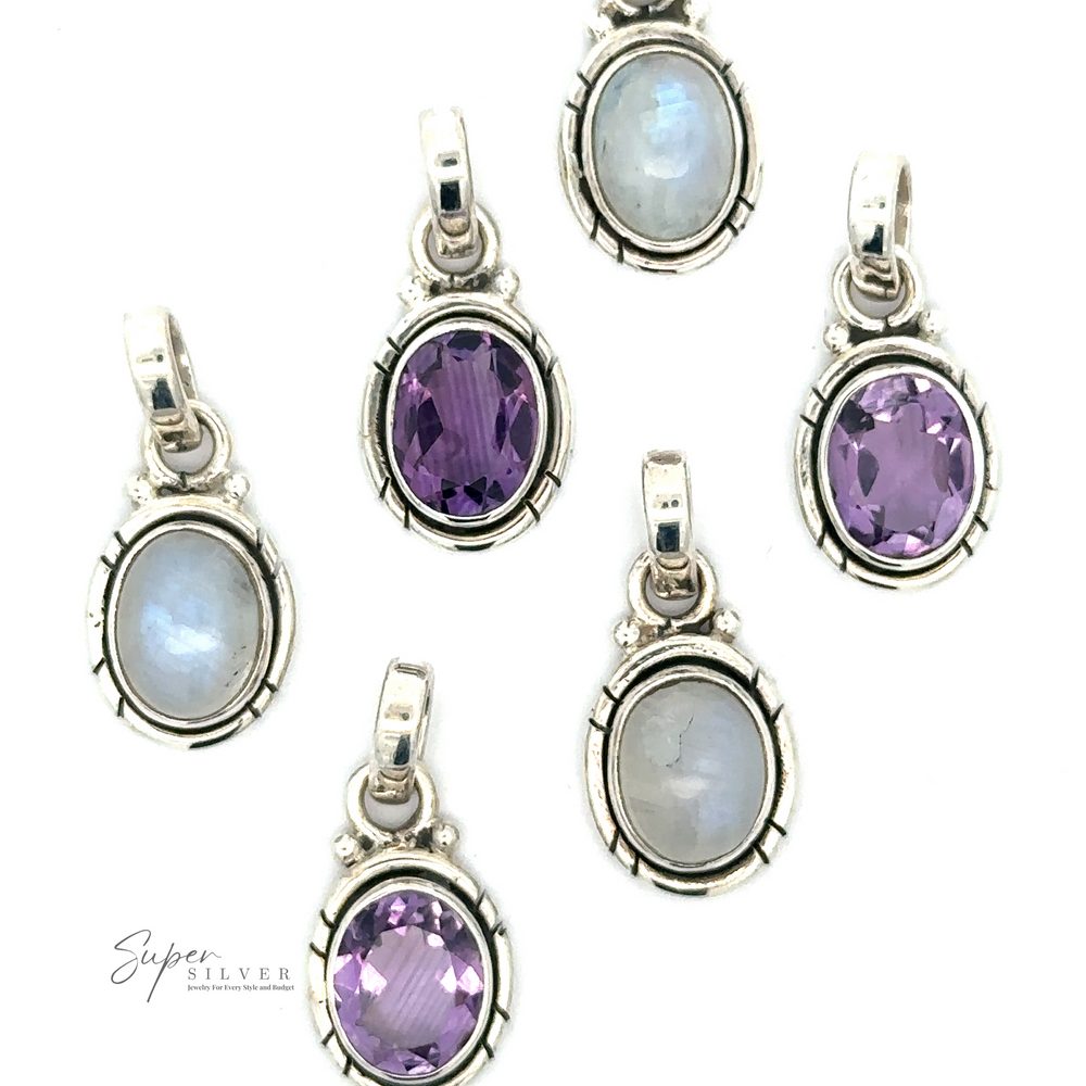 Six sterling silver pendants with oval gemstones, three adorned with purple amethysts and three with white moonstones, arranged on a white background. The bottom left corner displays the text "Simple And Elegant Oval Moonstone Pendant.
