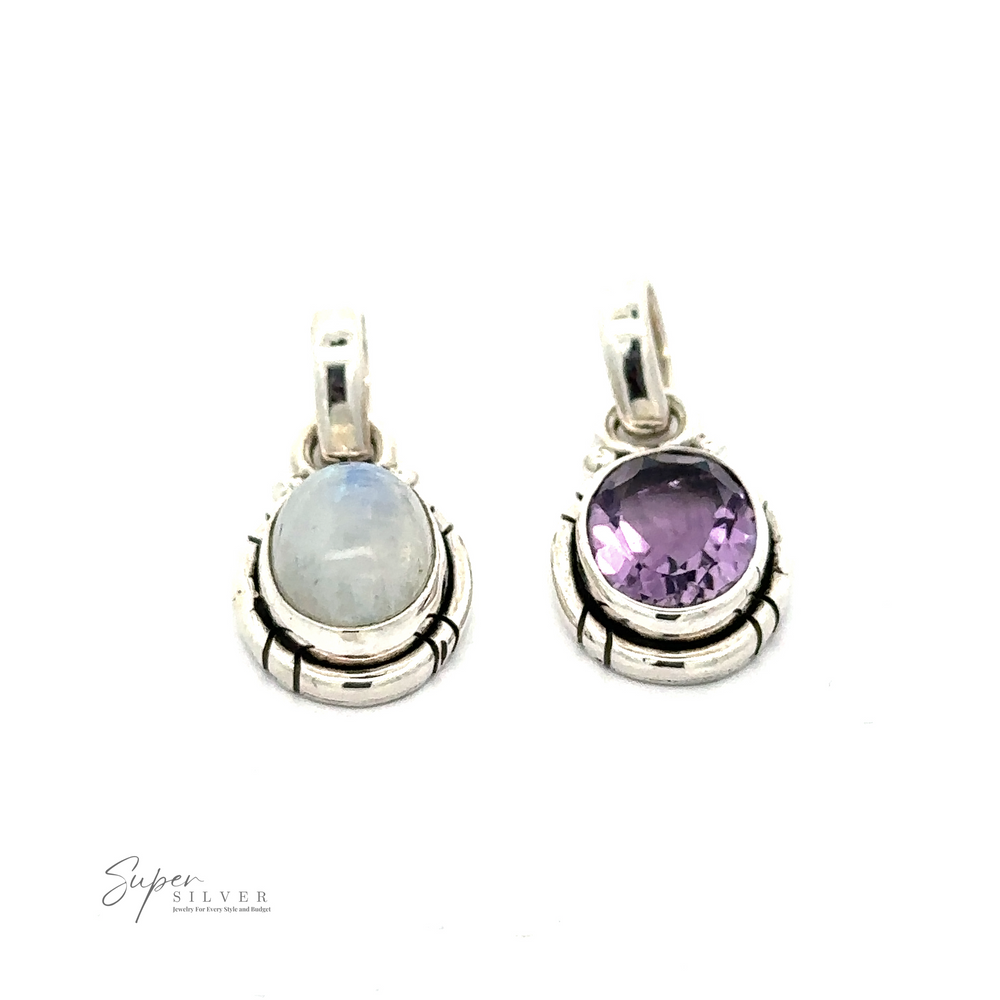 
                  
                    Two sterling silver pendants with oval gemstones on a white background. One pendant features a captivating Simple And Elegant Oval Moonstone Pendant, while the other displays a stunning purple amethyst. The "Super Silver" logo adorns the bottom left corner, showcasing exquisite Moonstone and Amethyst pendants.
                  
                