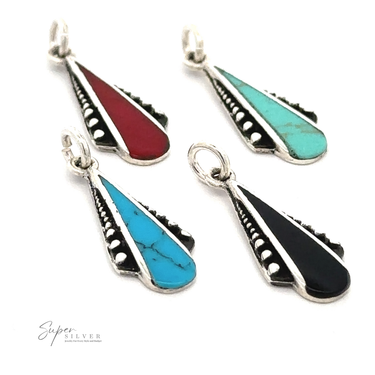 Four stunning Teardrop Pendants with Inlaid Stones and Ball Border featuring inlaid stones in red, turquoise, blue, and black, all beautifully accented with sterling silver.