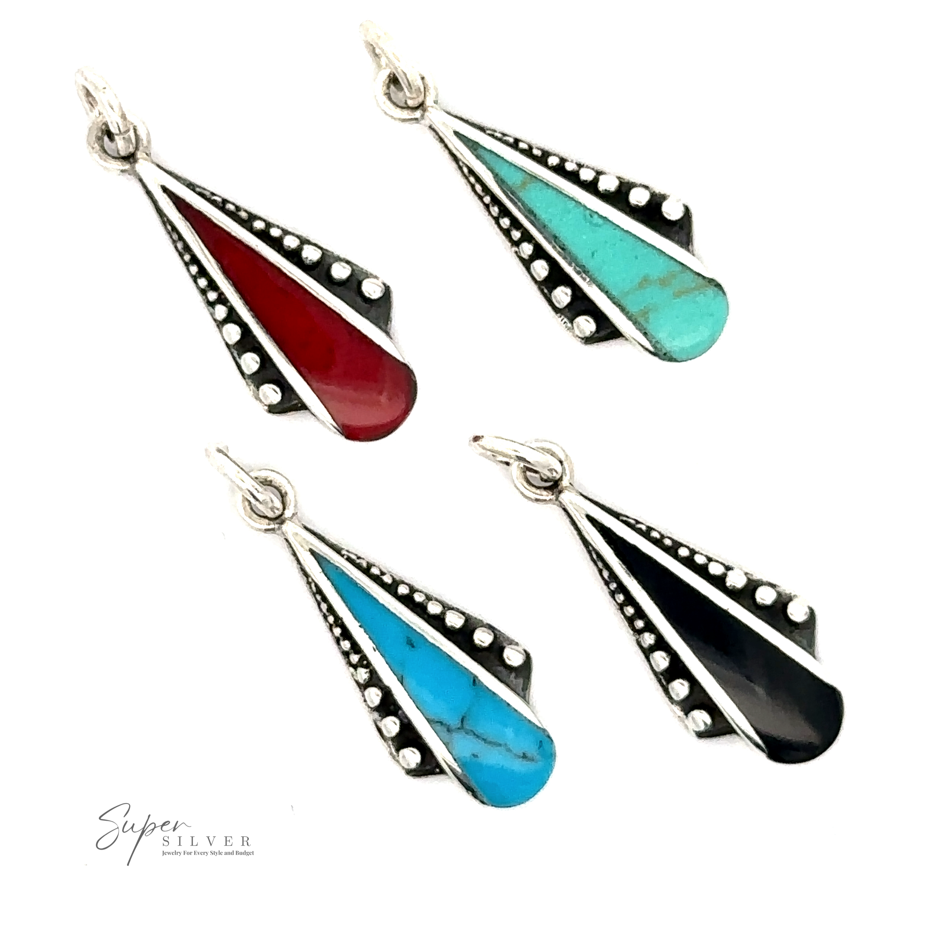 Four Teardrop Pendants with Inlaid Stones and Ball Border in red, turquoise, blue, and black inlaid stones, set in sterling silver with dot detailing, displayed on a white background.