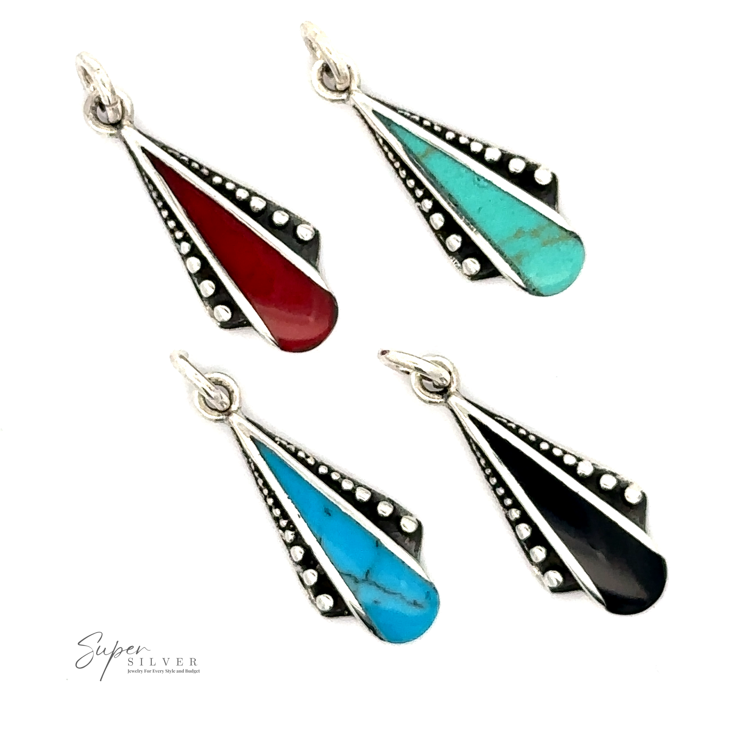 Four Teardrop Pendants with Inlaid Stones and Ball Border in red, turquoise, blue, and black are arranged in a grid pattern on a white background.