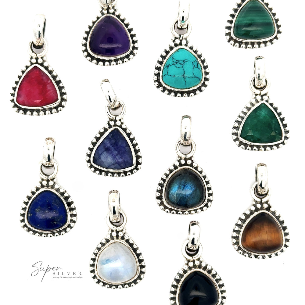 A collection of eleven Beautiful Triangular Shape Stone Pendant With Beaded Design, each set in a sterling silver bezel with varying teardrop-shaped stones such as turquoise, amethyst, and onyx. A logo in the bottom left corner reads "Super Silver.