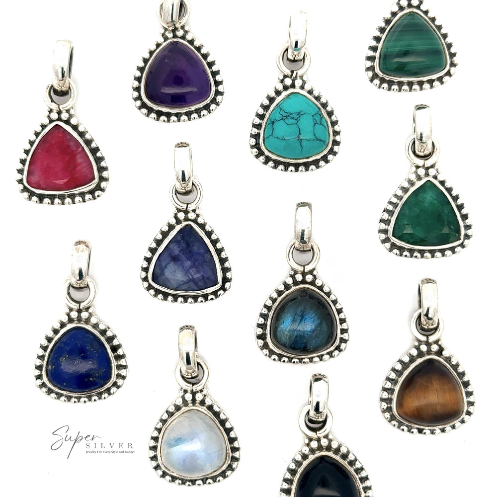 
                  
                    A collection of eleven Beautiful Triangular Shape Stone Pendant With Beaded Design with sterling silver settings. The gemstones vary in color, including purple, green, pink, blue, and brown. Each pendant has a loop for attaching to a chain.
                  
                