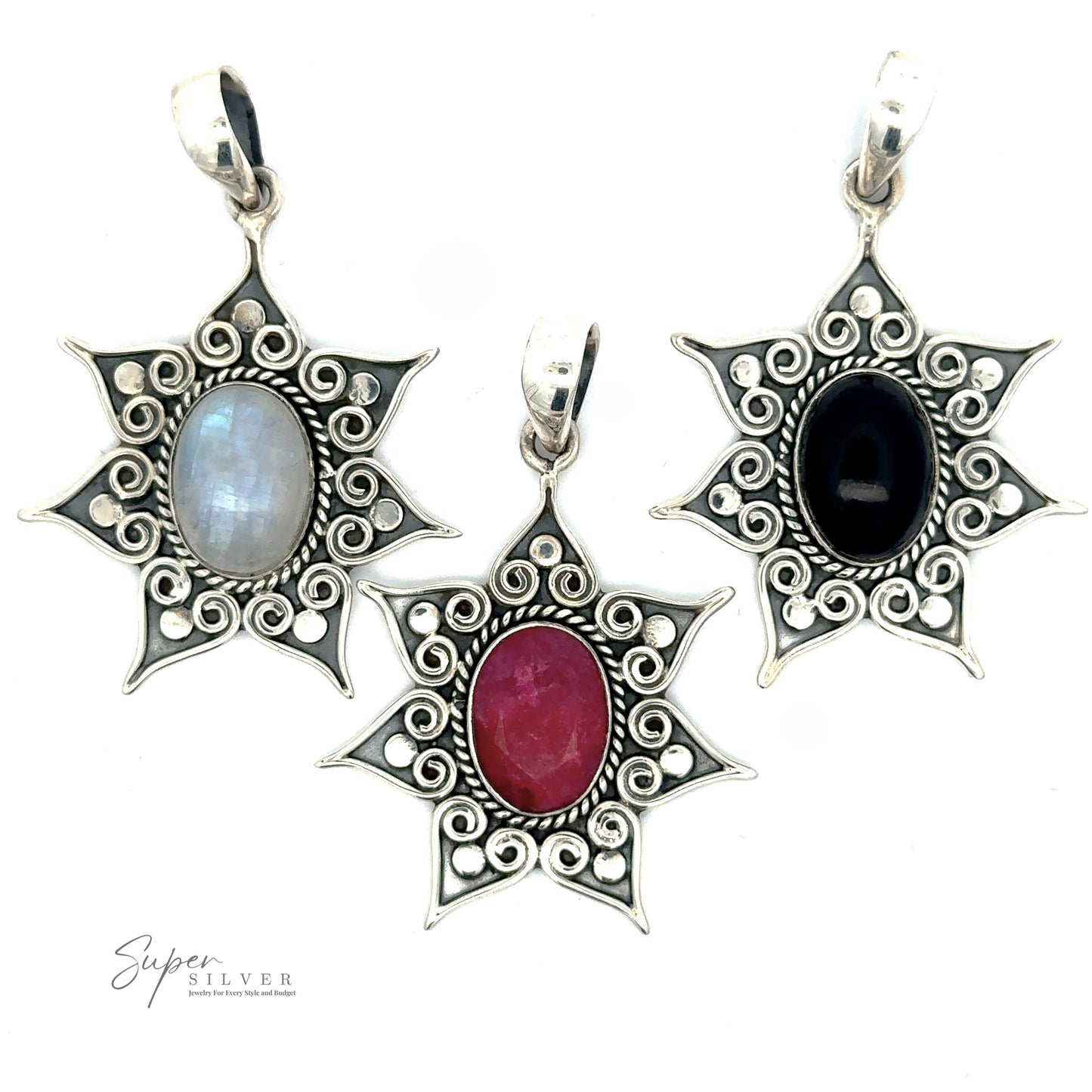 Three Floral Design Gemstone Pendants with ornate designs and central gemstones: a blue moonstone, a black onyx, and a red ruby, displayed against a white background.