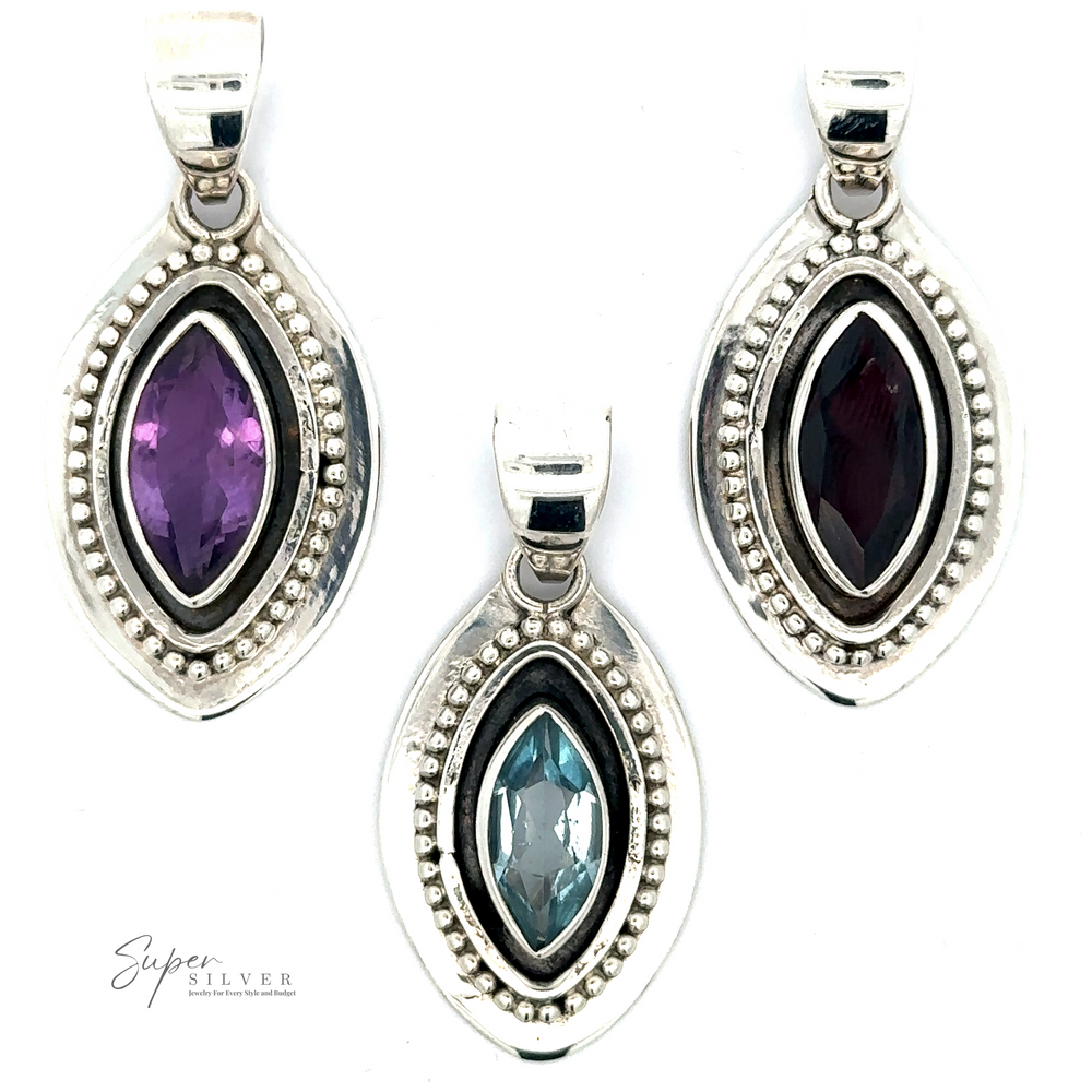 
                  
                    Three Beautiful Marquise Pendants With Beaded Design with intricate sterling silver settings. The gemstones include Amethyst (purple), red, and light blue topaz. The brand name "Super Silver" is visible in the lower left corner.
                  
                