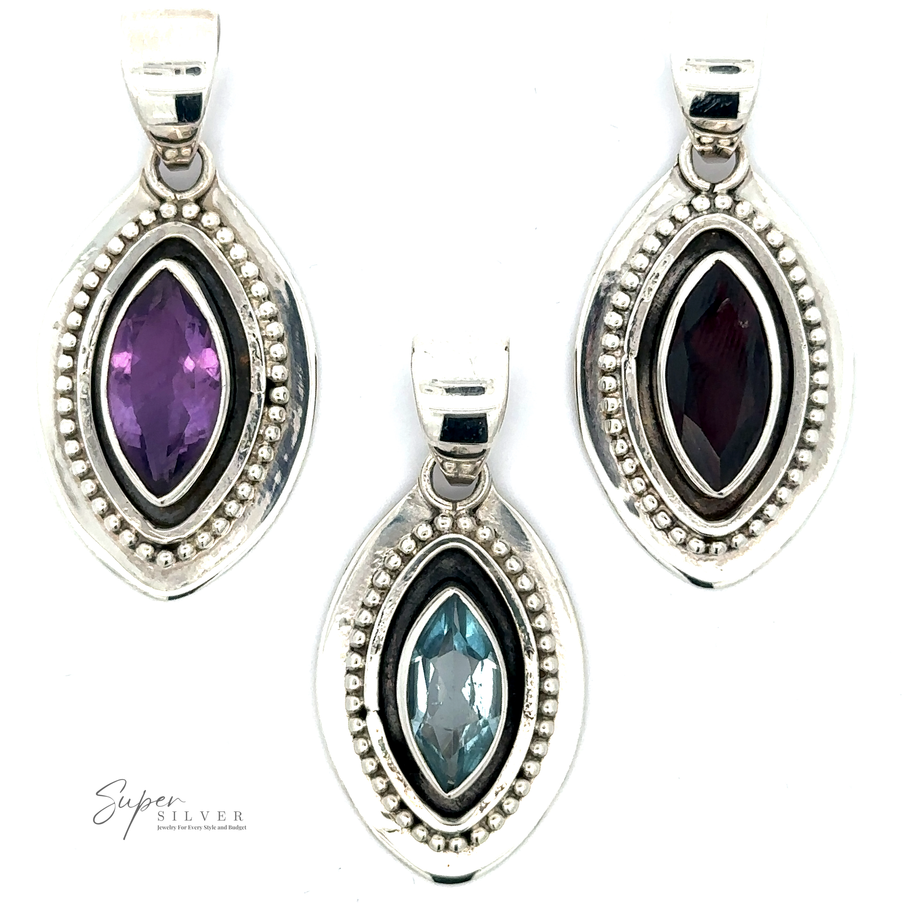Three Beautiful Marquise Pendants With Beaded Design with intricate sterling silver settings. The gemstones include Amethyst (purple), red, and light blue topaz. The brand name "Super Silver" is visible in the lower left corner.