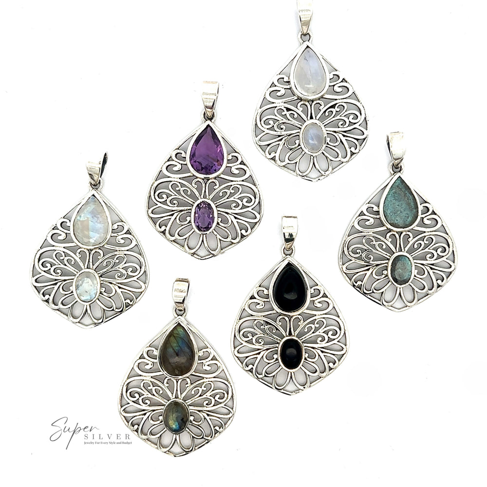 
                  
                    A collection of six Teardrop Filigree Gemstone Pendants, each featuring intricate filigree designs and various gemstones like Amethyst and Onyx, is displayed against a plain white background.
                  
                