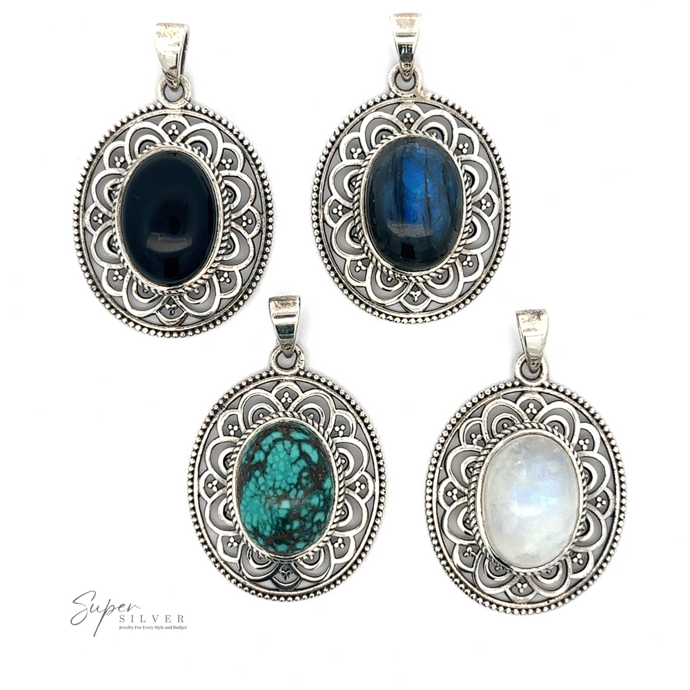 
                  
                    Four ornate Oval Stone Pendants with Filigree Border with oval stones in the center: black, blue, green, and white. One features a striking labradorite. Text reads "Super Silver.
                  
                