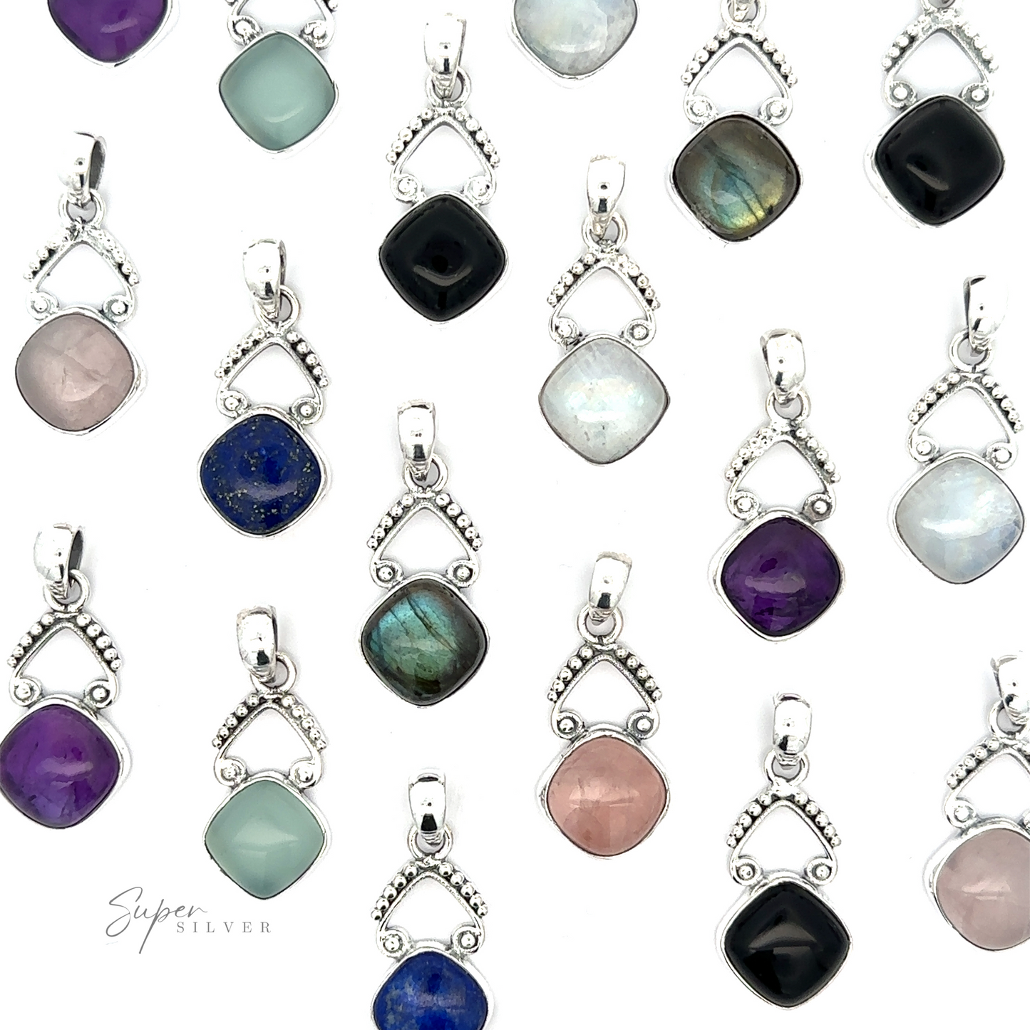 Diamond shaped gemstone pendants showcasing their vibrant colors against a clean white background, adding a bohemian flair to any ensemble.