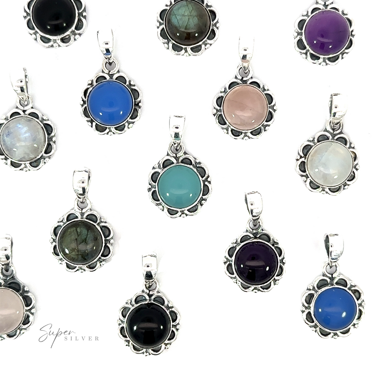 A collection of nature's charm showcased through Round Gemstone Pendants with Flower Border, featuring an everyday style on a white background.