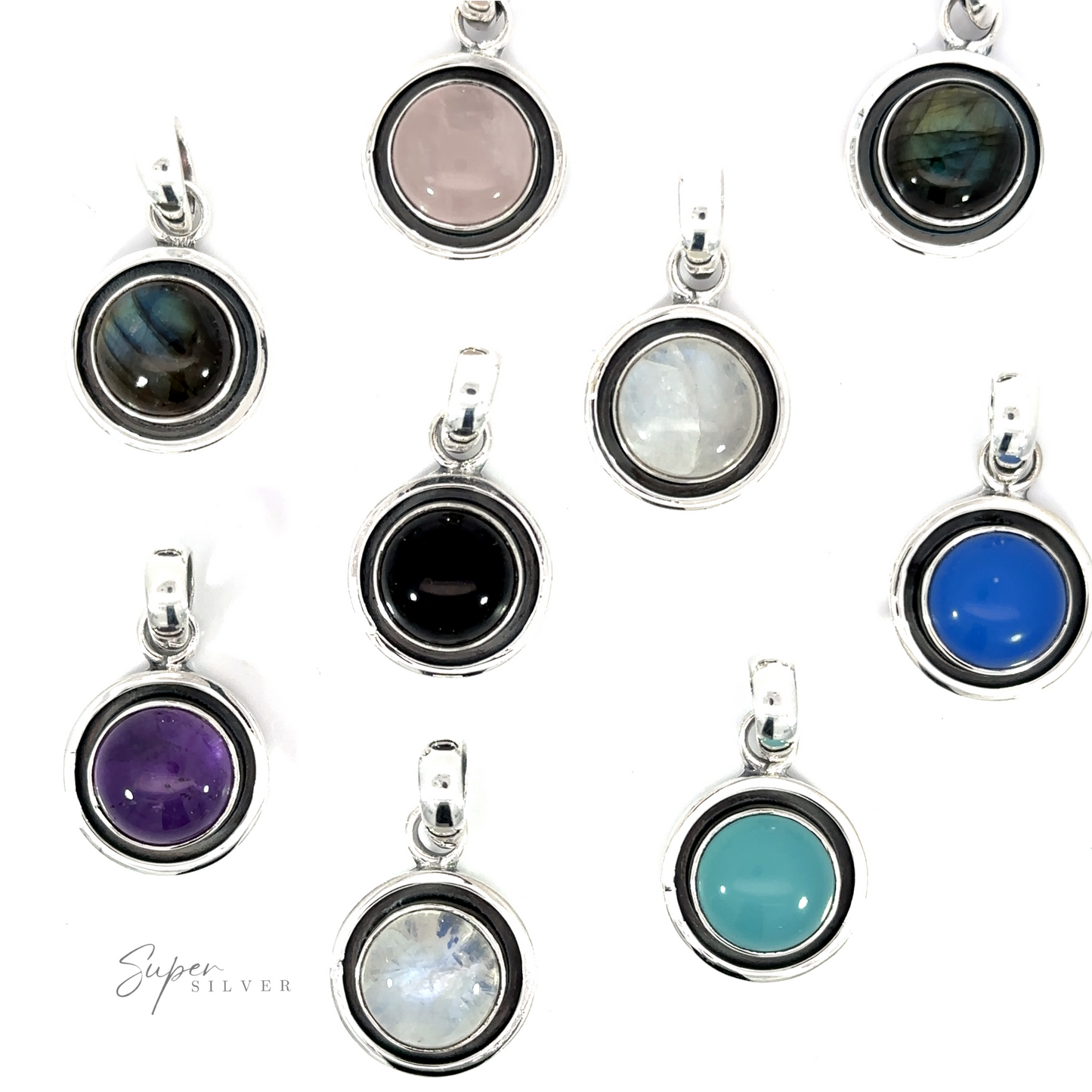 A variety of Minimalist Round Gemstone Pendants with a contemporary flair, set against a white background.