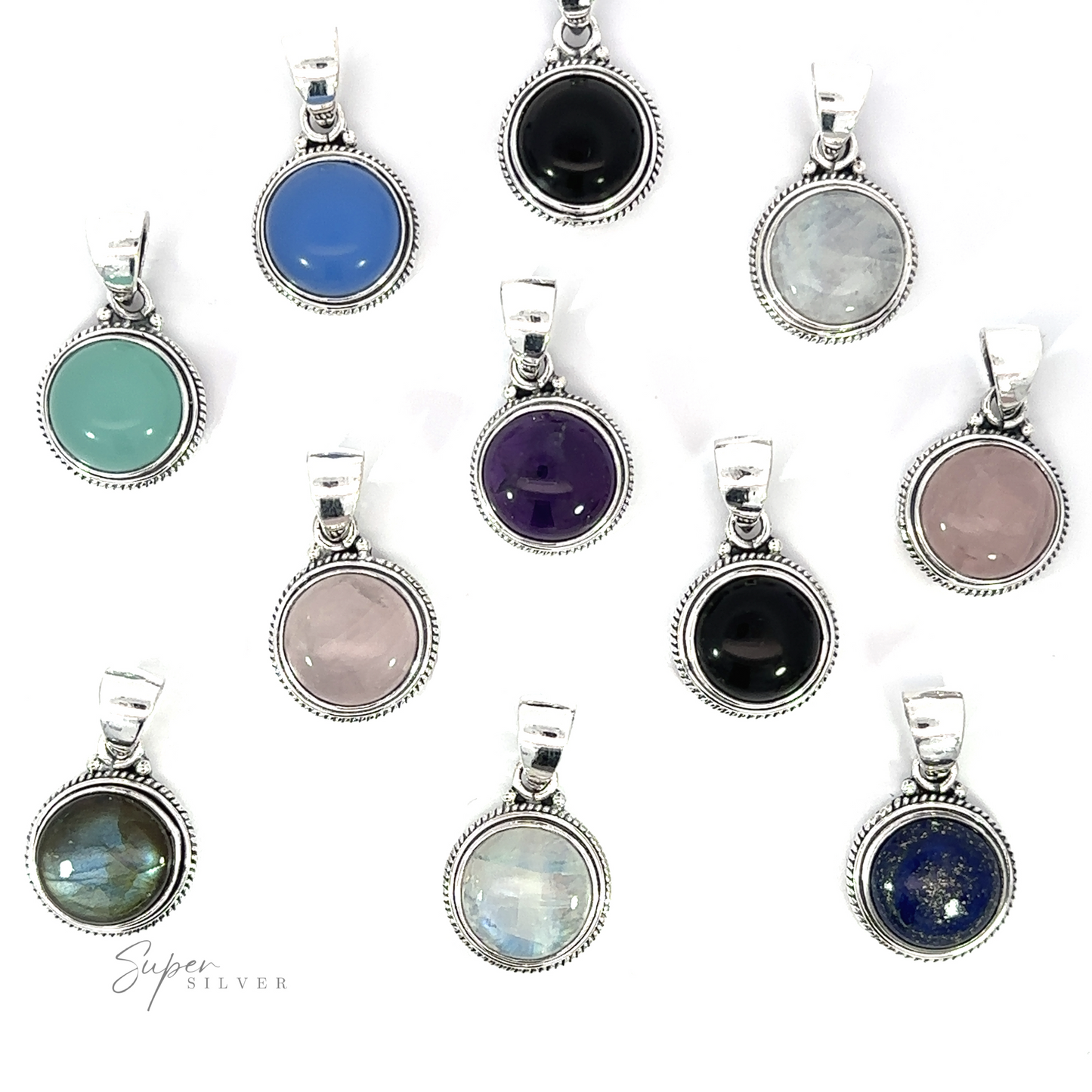 A group of Round Stone Pendant with Rope Border pendants on a white background.