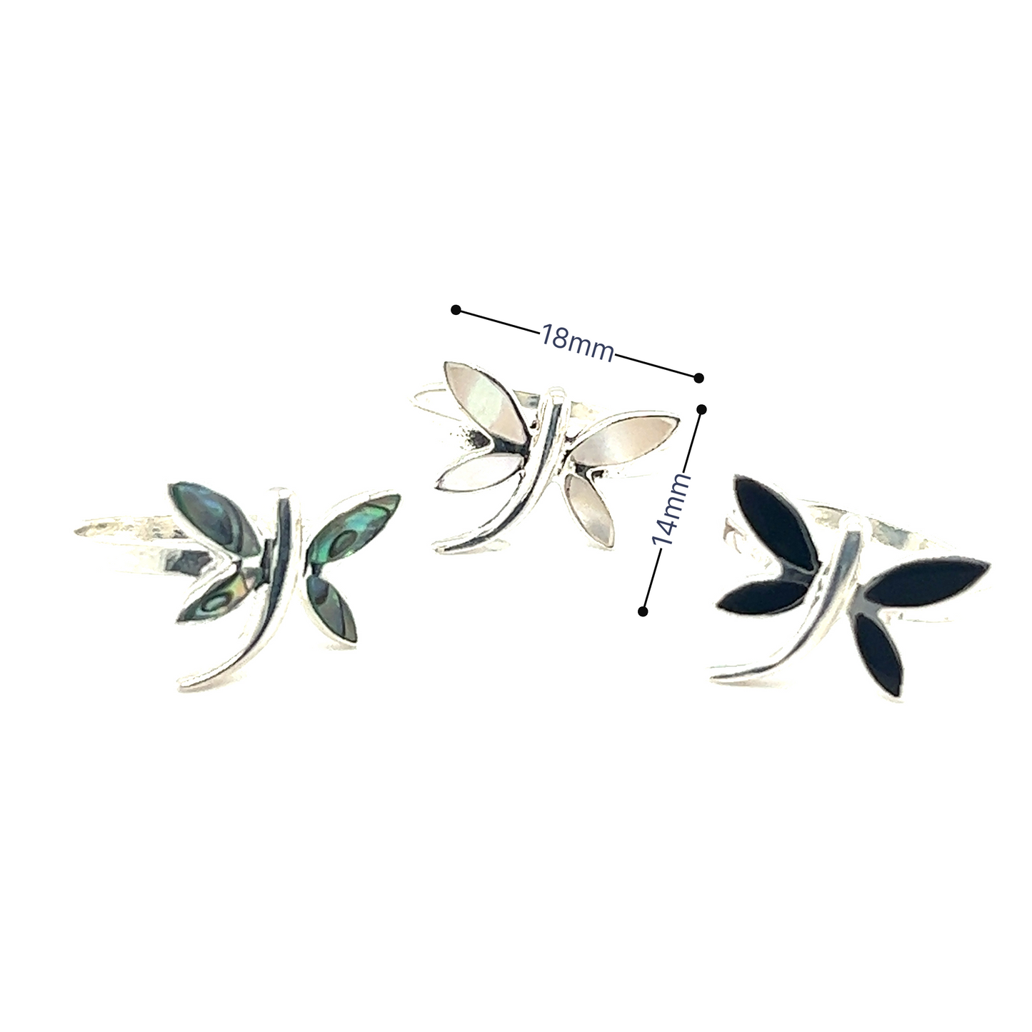 Three Inlay Stone Dragonfly Rings with measurements.