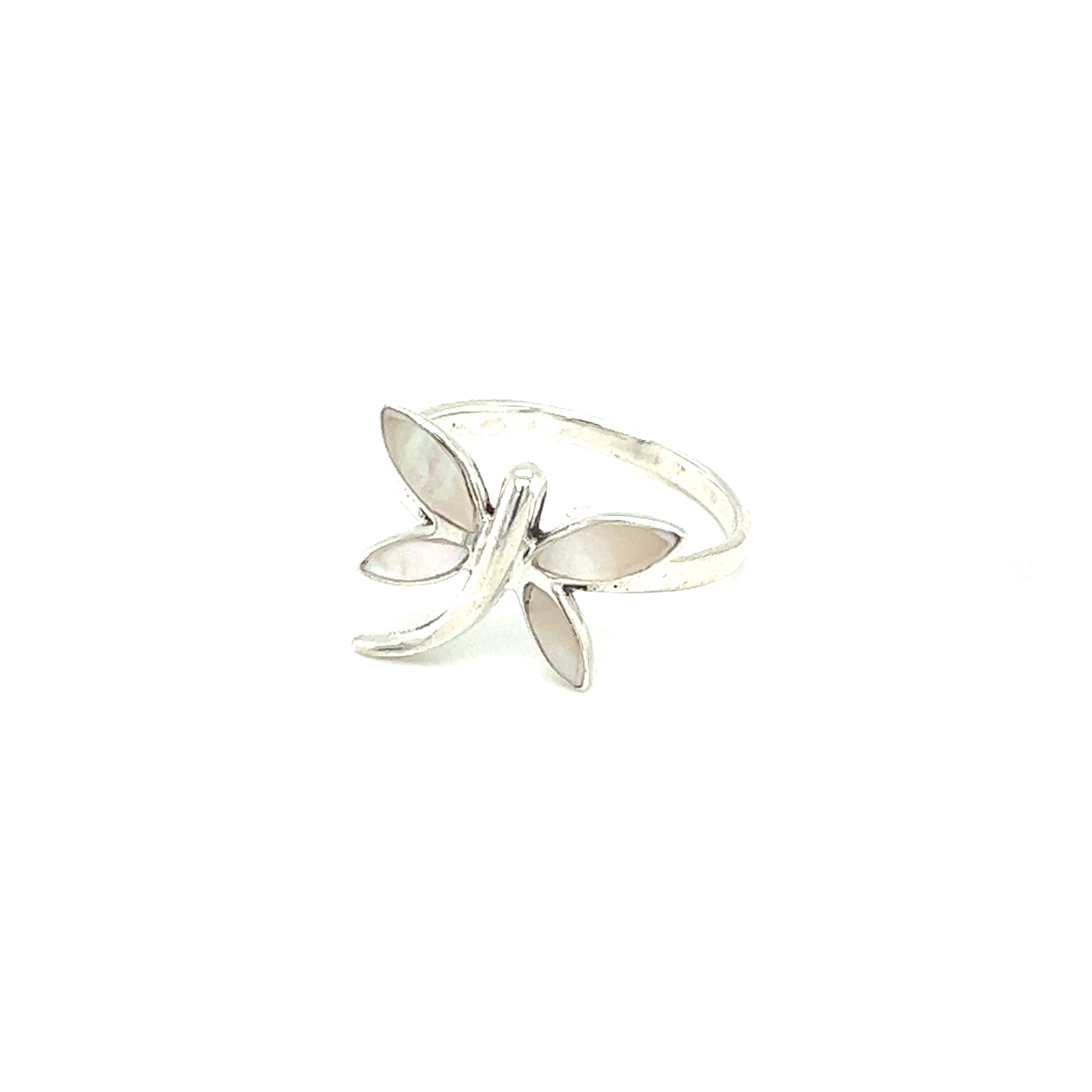 A silver Inlay Stone Dragonfly ring with mother of pearl inlay on a white background.