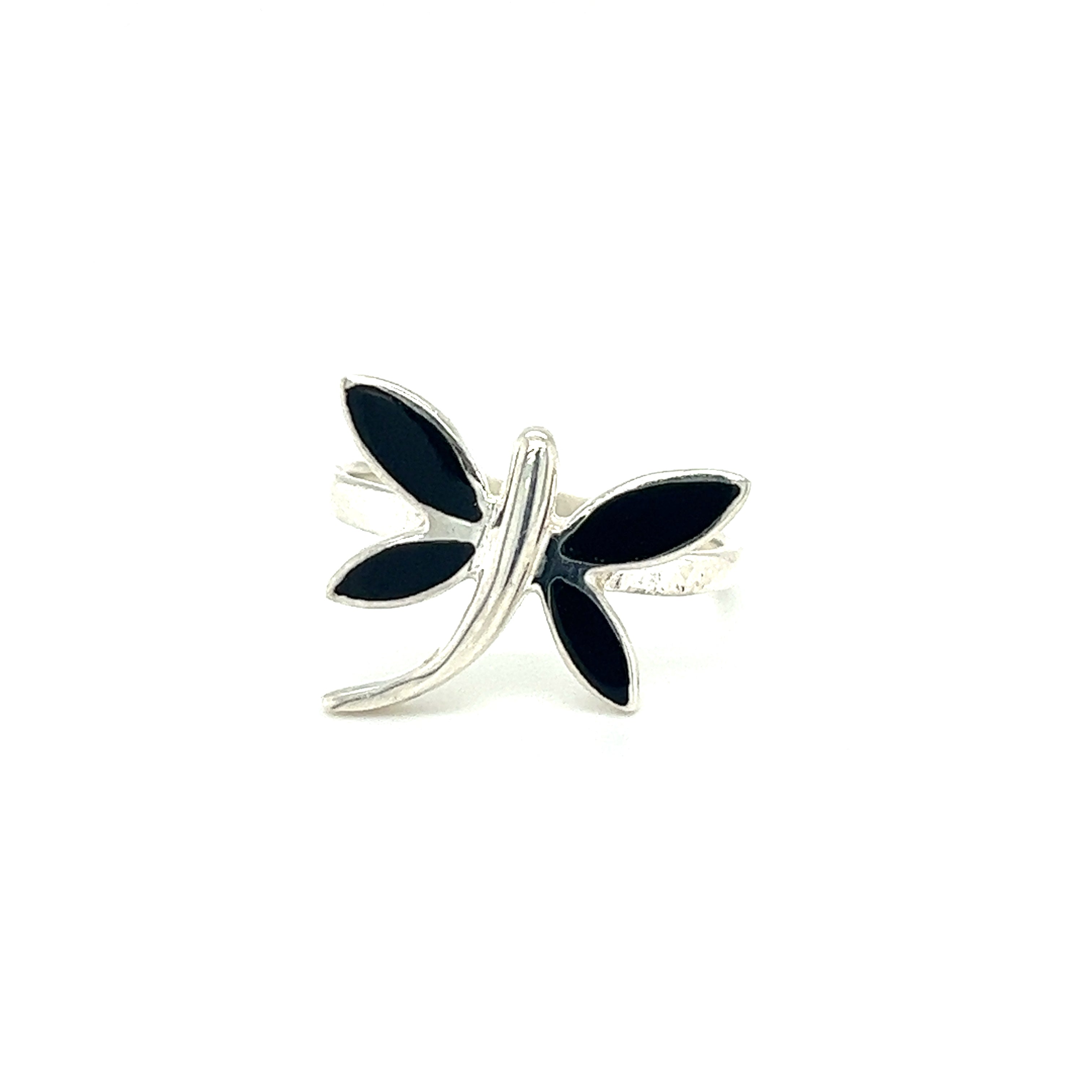 A sterling silver Inlay Stone Dragonfly ring with an onyx stone on a white background.