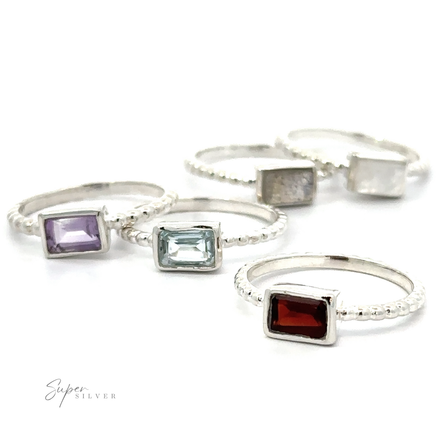 A collection of .925 Sterling Silver Rectangular Gemstone Rings with Beaded Bands, including amethyst, displayed on a white background.