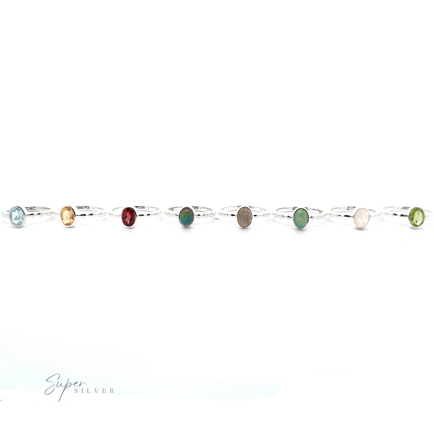 A sterling silver bracelet featuring a Oval Gemstone Ring with Beaded Band in various colors, displayed against a white background.