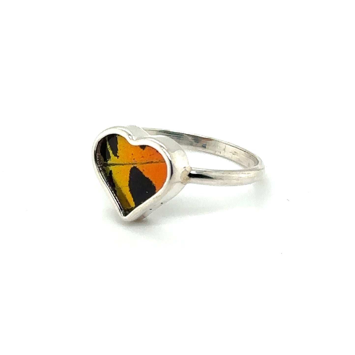 A Genuine Butterfly Ring in Heart Shape with an orange and yellow heart.