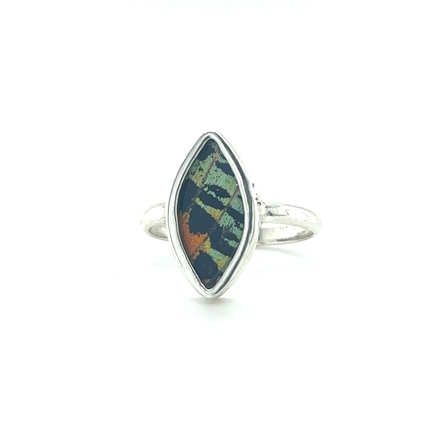 A sustainable fashion Genuine Butterfly Wing Ring in Marquise Shape with a black and green stone.